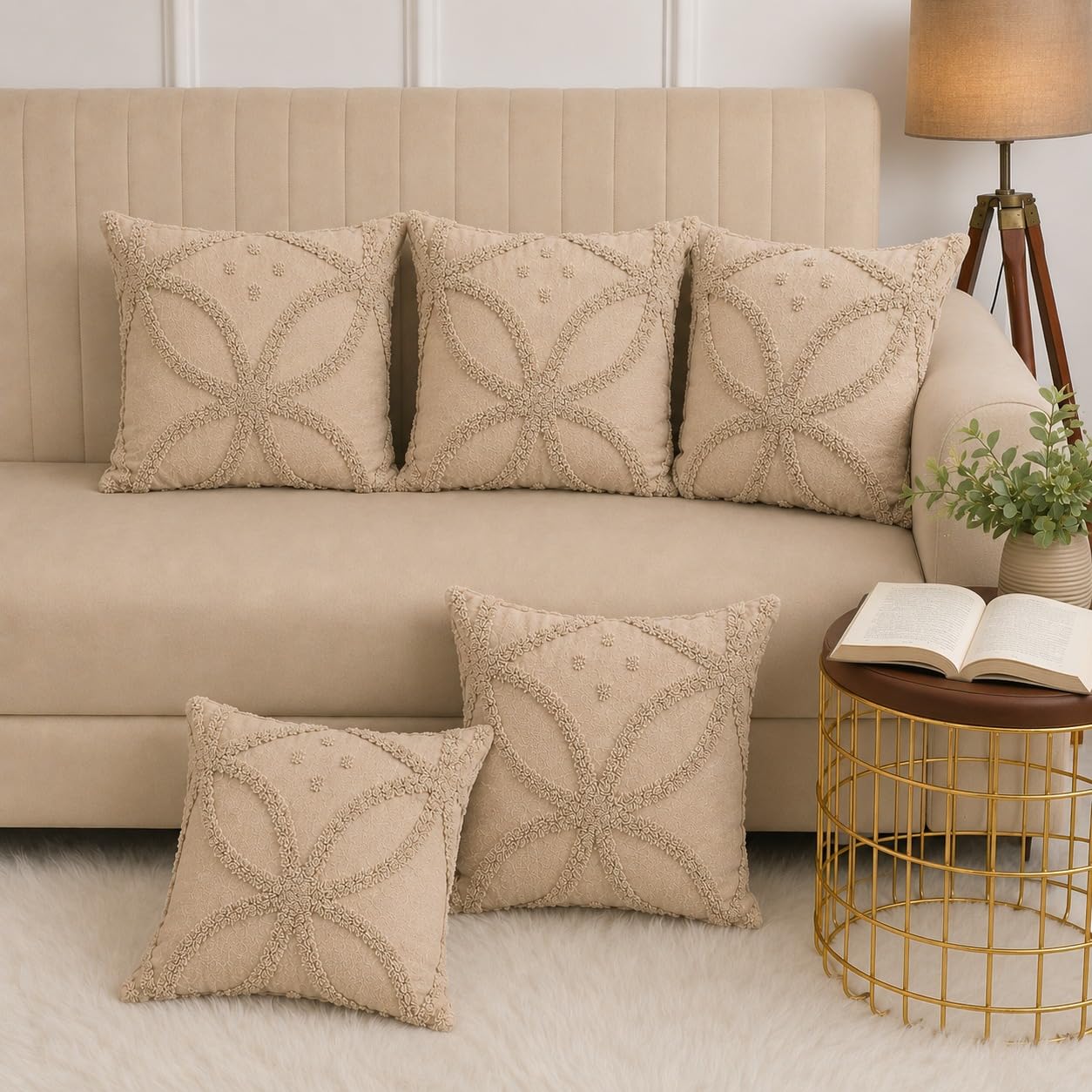 Tufted Cushion Covers Set of 5, 16x16 Inch (40x40 cm), Cotton Decorative Pillow Covers, Boho Embroidered Square Cushion Covers with Hidden Zipper for Sofa, Couch & Bed (Beige)-image-4