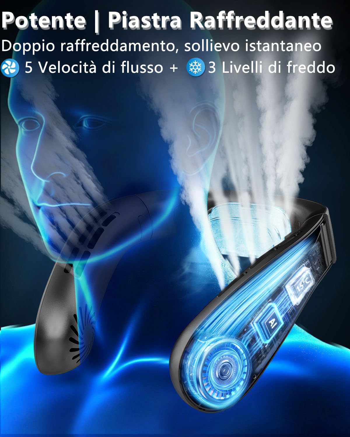 Ventilatore da Collo con Raffreddamento, Ventilatore Collo USB Portatile e Silenzioso, Neck Fan 5 Velocità Batteria 5500mAh Potente, Display LED, Autonomia 15 Ore, per Outdoor, Sport, Ufficio e Viaggi