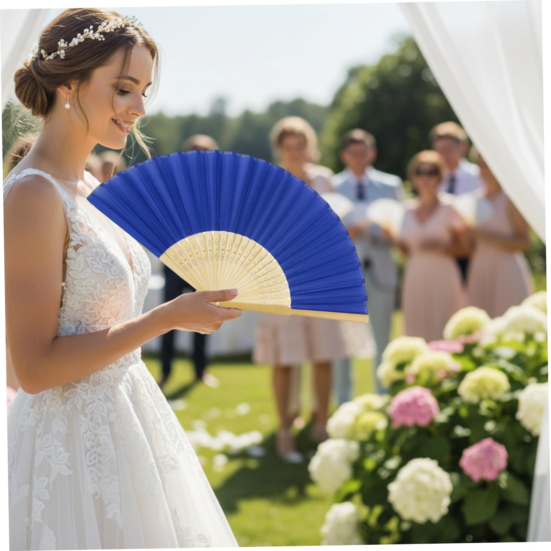 50 Stück Blaue Faltbare Handfächer Hochzeitsfächer für Gäste, chinesischer Bambusfächer 8, 3 Zoll gefaltet, traditionelle Handfächerdekorationen