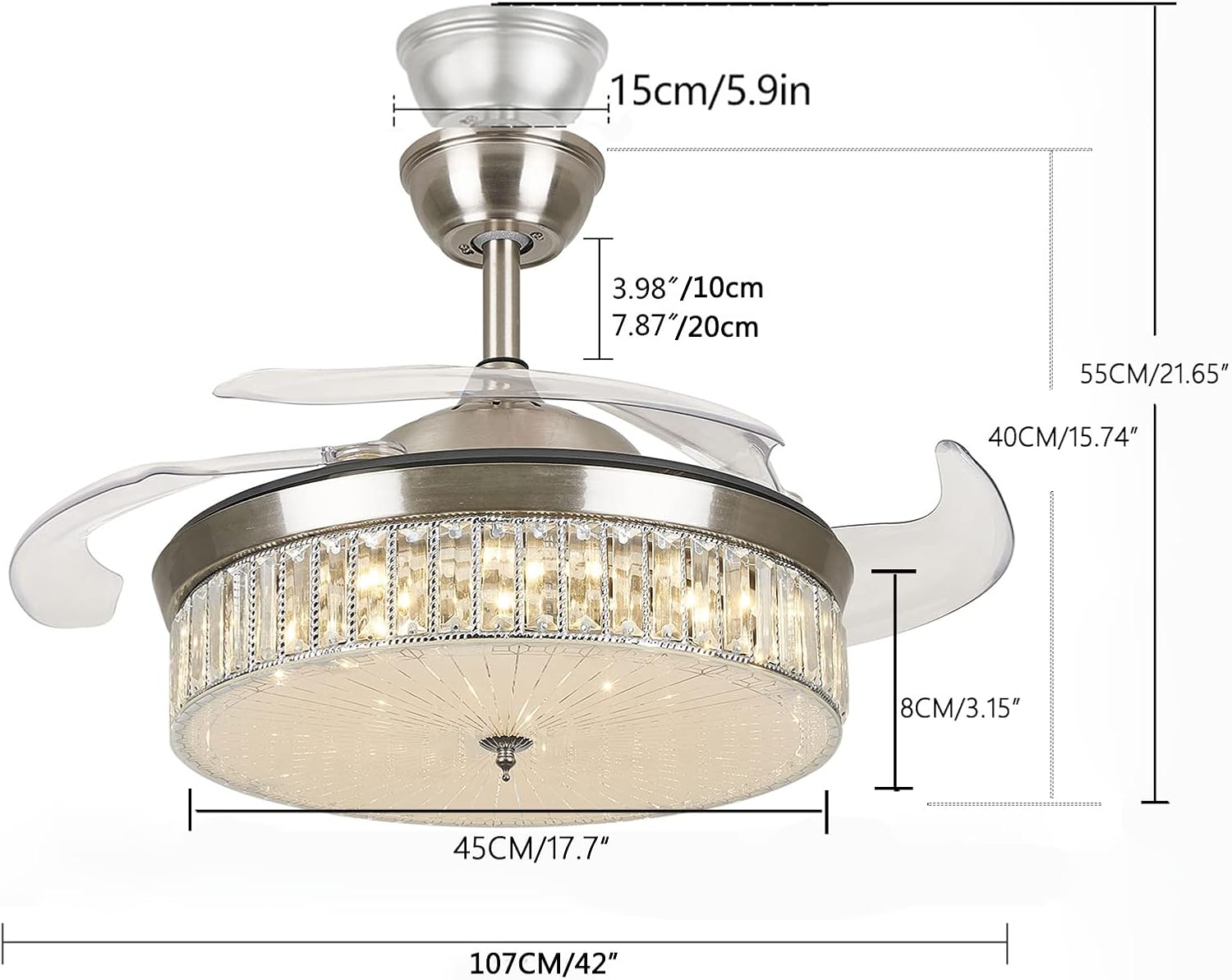 70% оƒƒ Evеrуthіng TFCFL 42 Crystal Ceiling Fan with Light Invisible Retractable Blades Fandelier Variable Speed with Remote Control for Bedroom Living Room