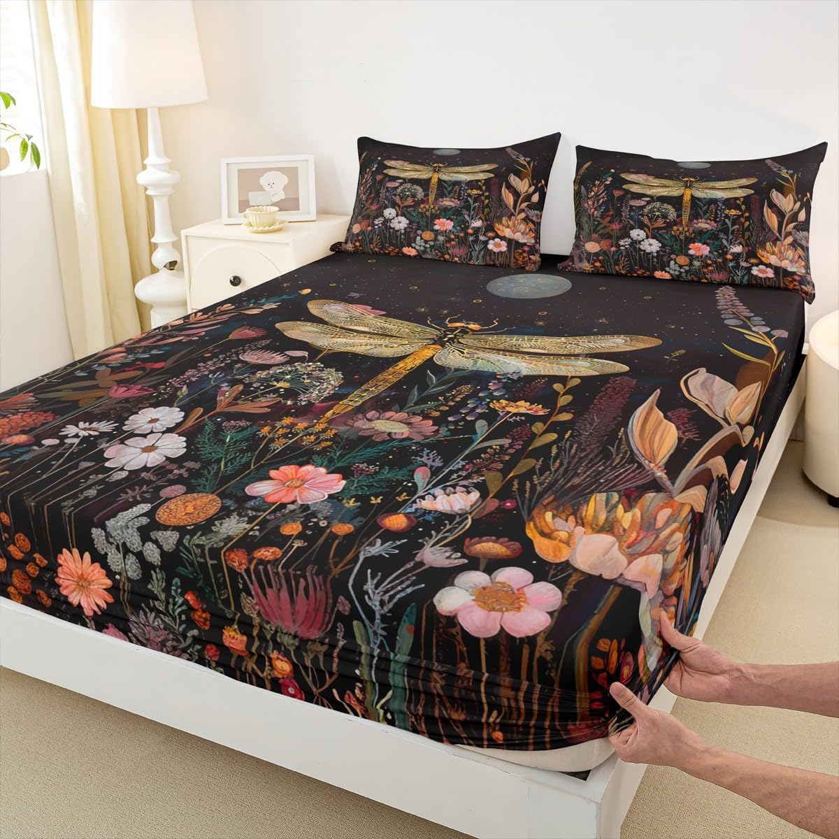 Retro Flowers Garden Rustic Plants Fitted Sheet,Full Size Boho Starry Moon Collections,Wild Dragonfly Bedding Deep Pocket for Children Teens Young with 2 Pillowcases(No Flat Sheet)