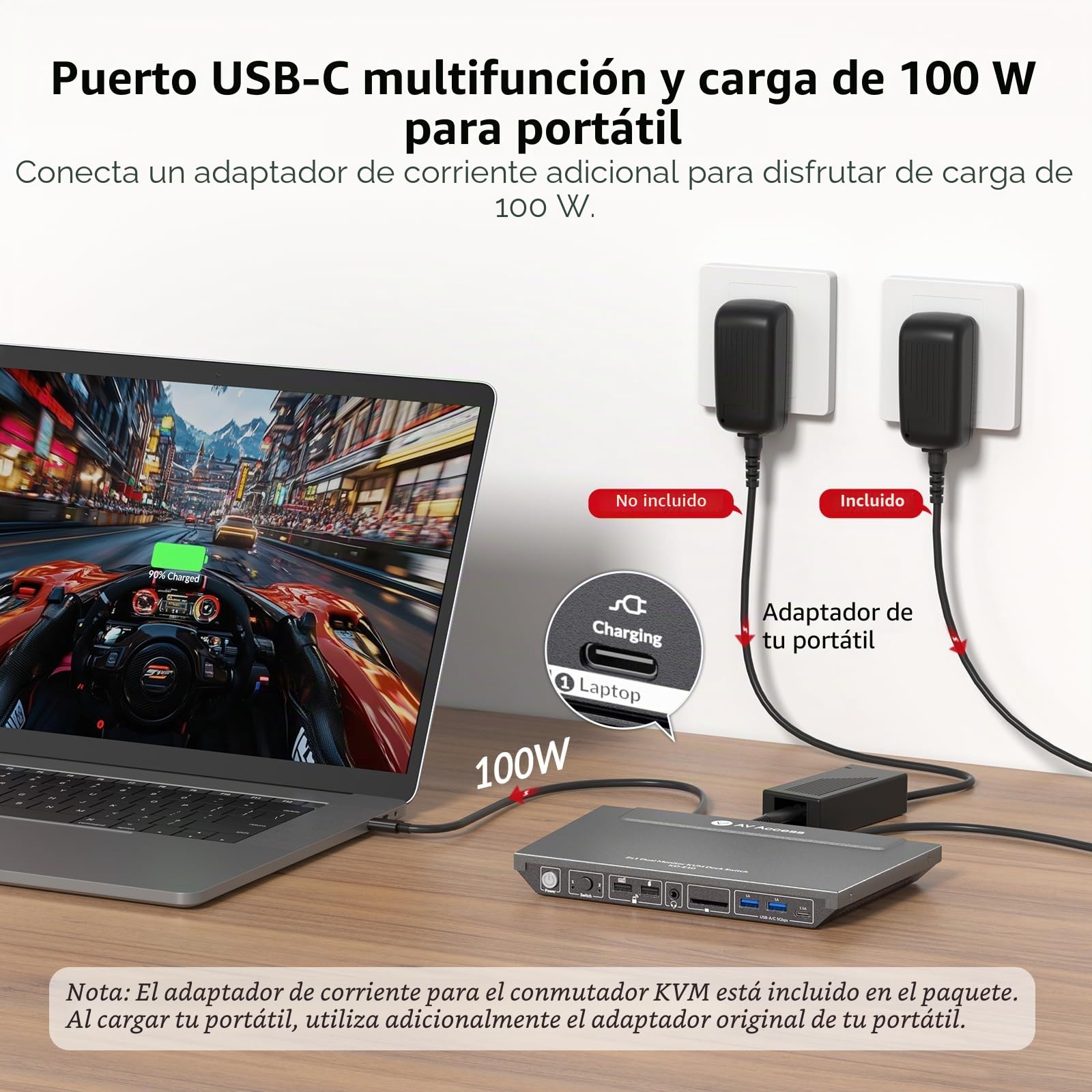 AV Access Conmutador KVM Docking para 2 Monitores 2 PCs, 4K Dual Monitor Laptop/Escritorio, EDID, Ethernet 1G, Carga USB-C 100W, 3 USB 3.0, Ideal Oficina Hogar y Gaming