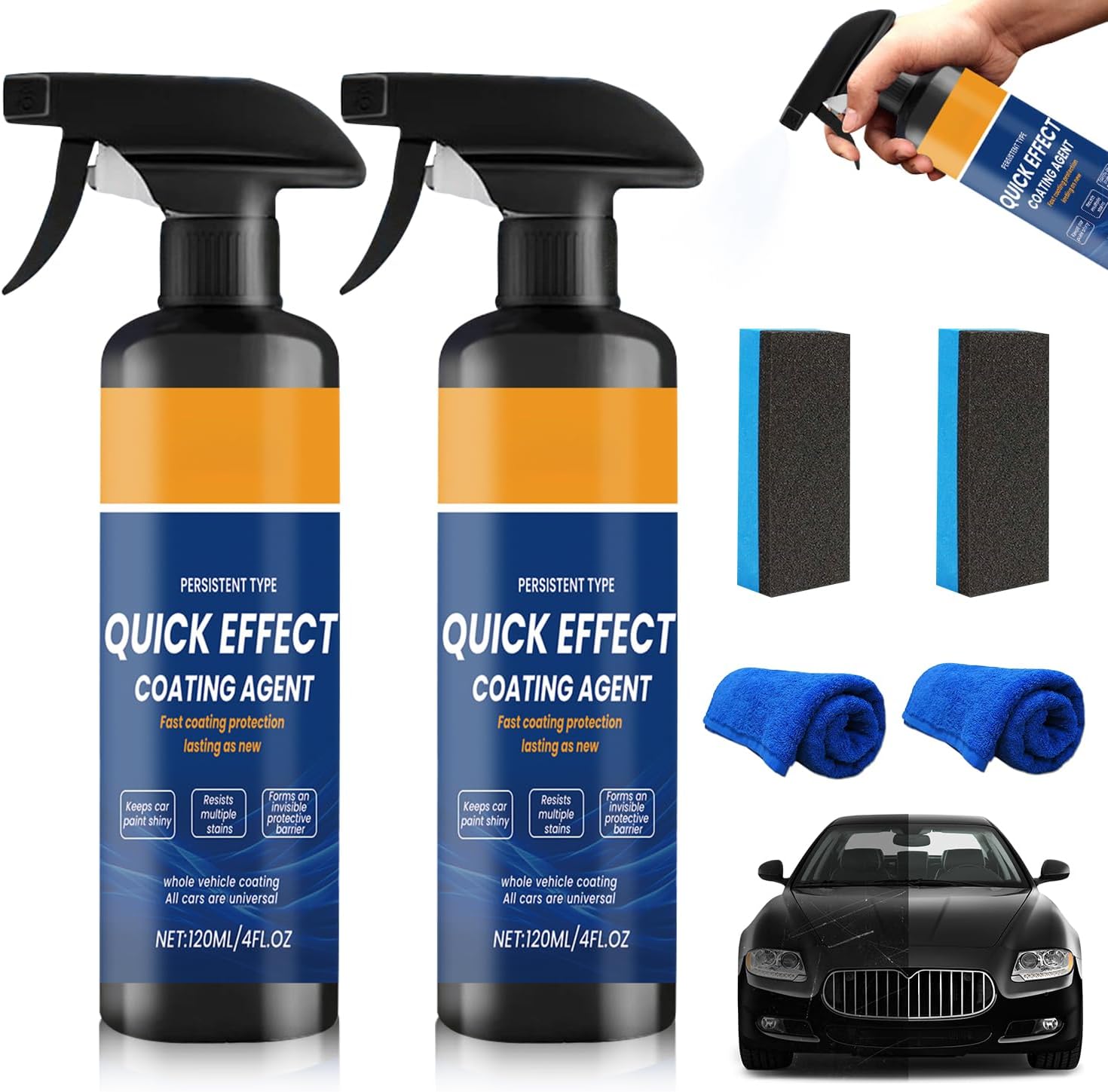 2Pcs Quick Effect Coating Agent for Car, Advanced Car Coating Spray, Upgrade Quick-Acting Cars Scratch Wax Coating Spray for Scratch Repair, Oil Film Emulsion Glass Cleaner with Sponge and Cloth