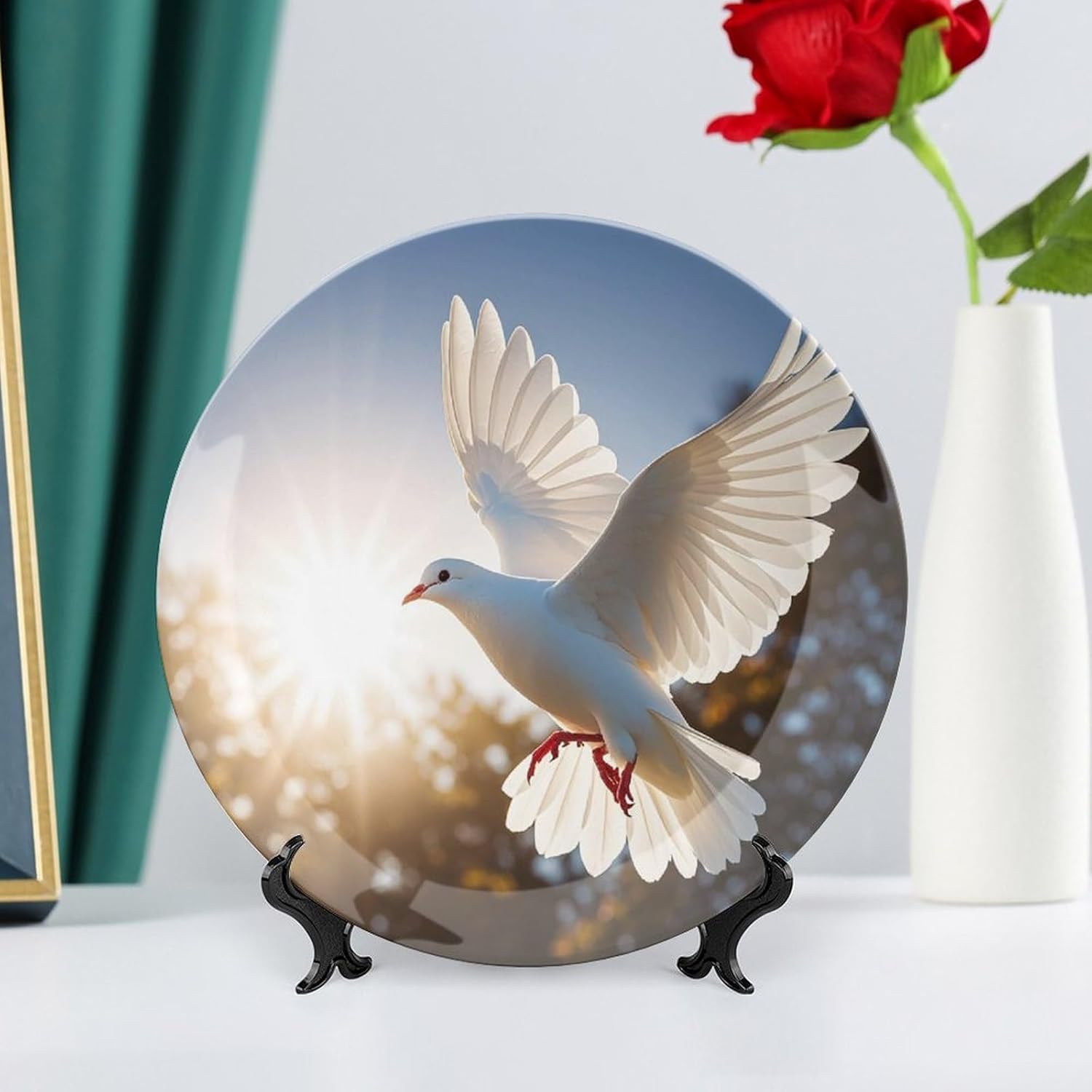 White Dove Flying in The Sun Decorative Ceramic Plate Round Porcelain Plate Decor Personalized Bone China Decorative Plates Ceramic Ornaments Dessert Plates with Display Stand 10inch