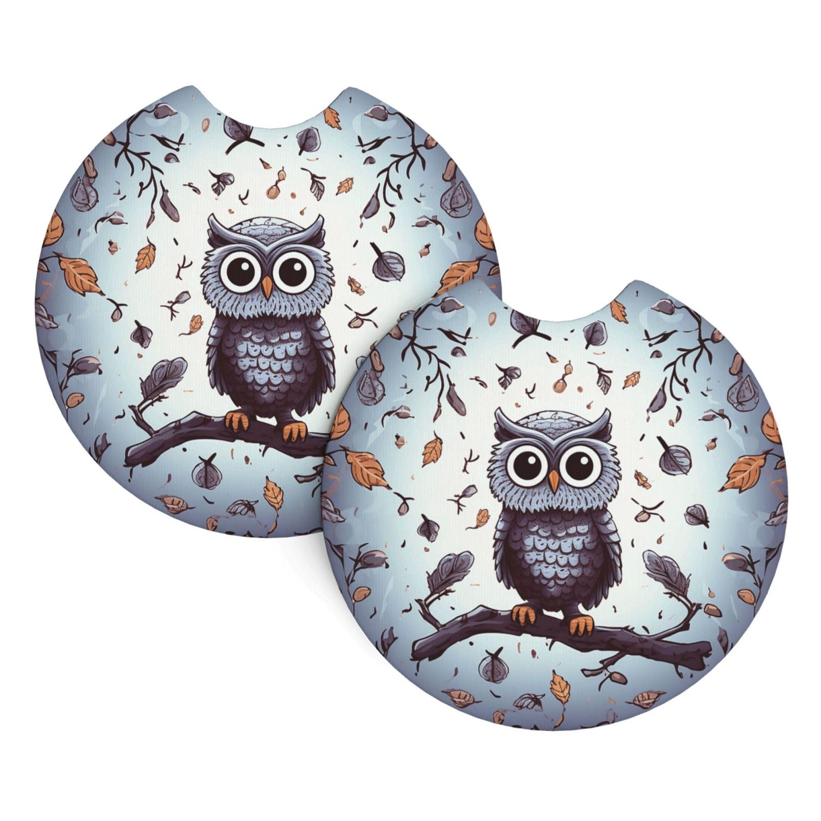 2 Pack Car Coaster for Cup Holders Owl Tree Branches Car Cup Coaster 2.7" Neoprene Non-Slip Automotive Cup Mat Universal Auto Car Interior Accessories for Women Men Cup Pad
