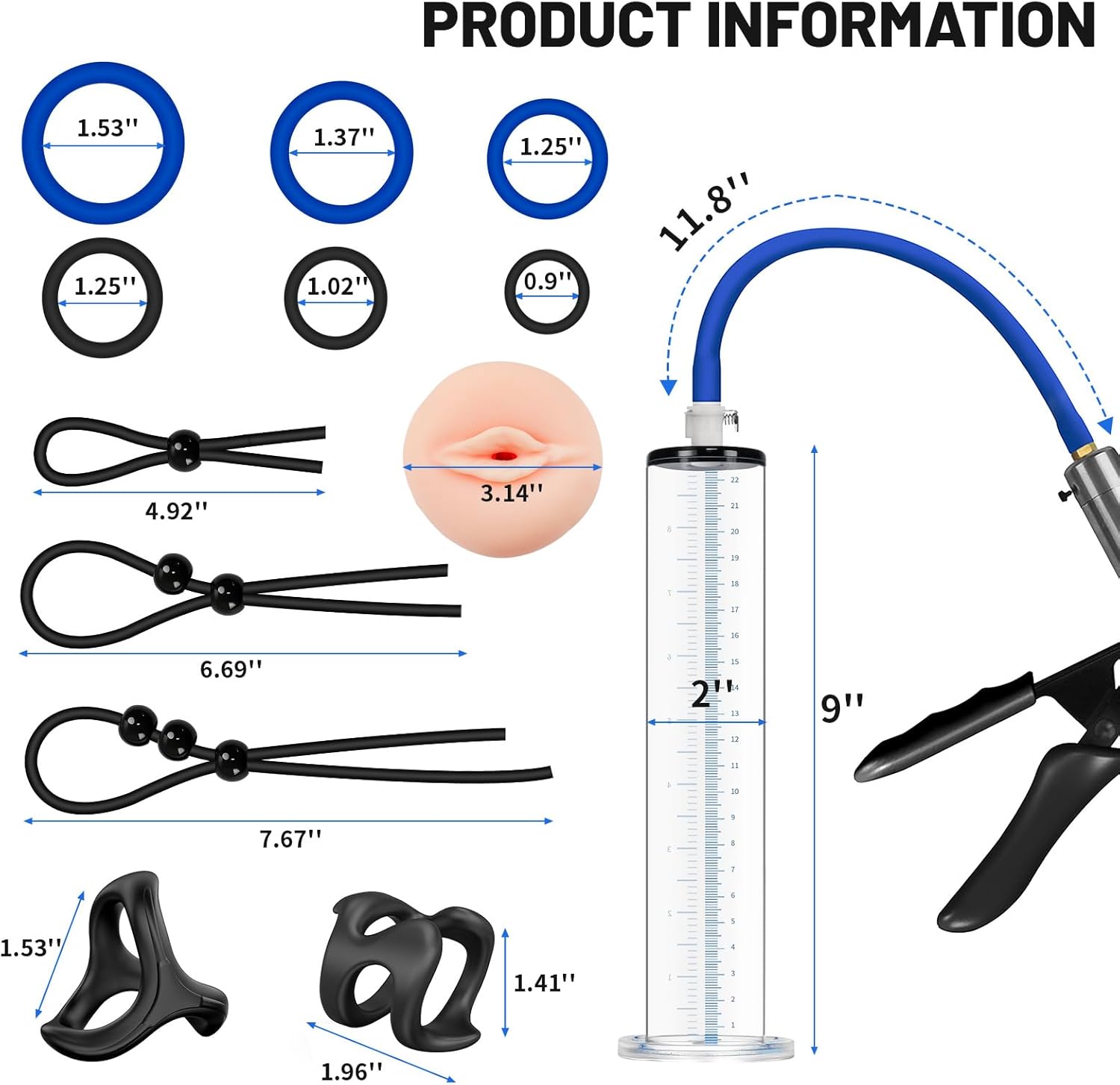 Male Enhancement Pump System 9 x 2.0 inch Cylinder,with Gauge,with a Lifelike Vagina Sleeve & 11PCS Penis Rings Set,Sex Toys - Pumps & Enlargers,Penis Male Sex Toys