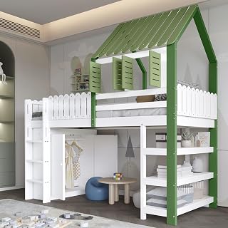 KecDuey Cama alta de 90 x 200 cm, cama infantil con reja anticaídas, marco de cuna con techo y ventana, amplio espacio de almacenamiento con armario, estantería de almacenamiento abierta de tres capas