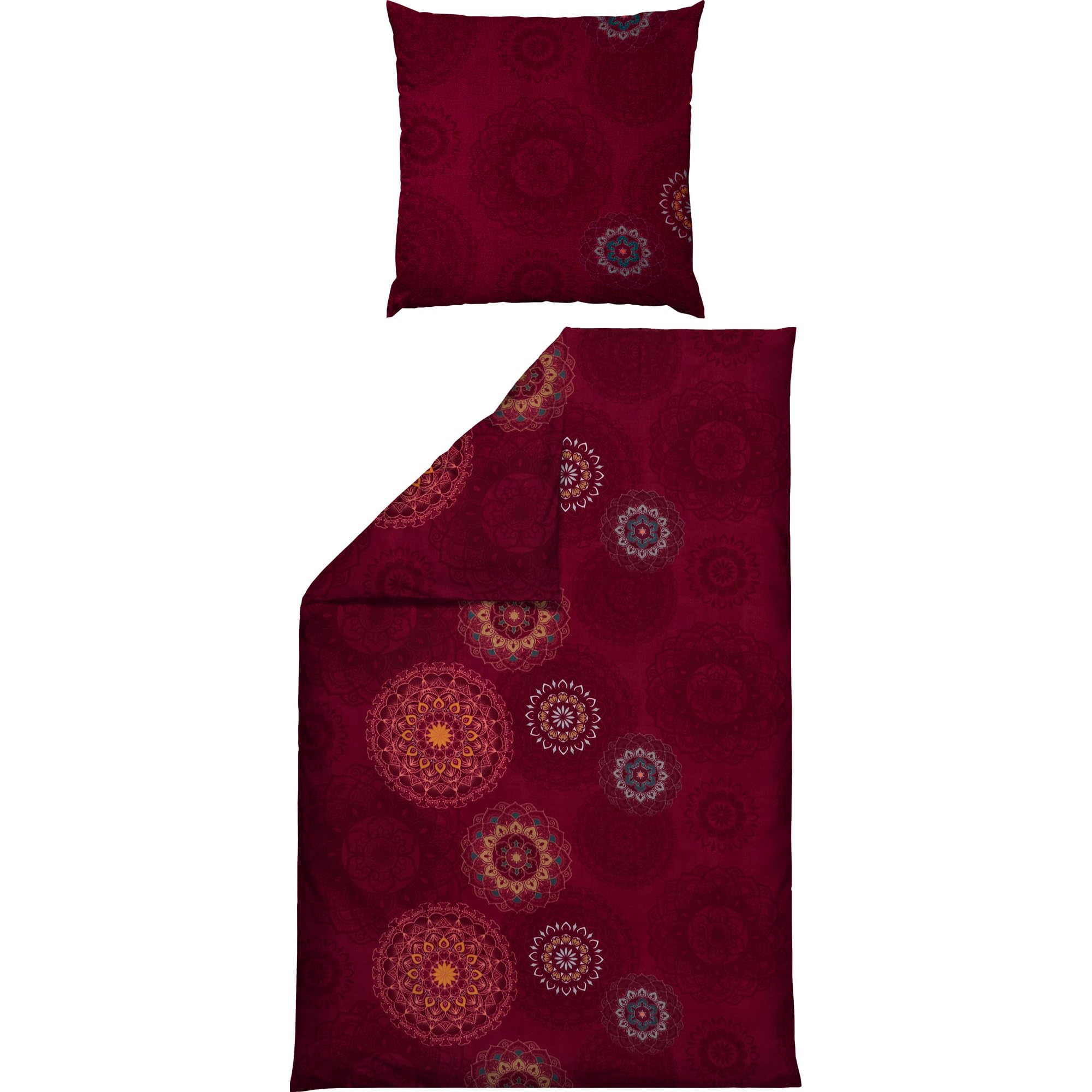 Erwin Müller Bettwäsche, Bettgarnitur Sparpaket 4-TLG. Flanell - Mandala - mollig warm, temperaturregulierend, mit praktischem Reißverschluss - Bordeaux Größe 80x80 cm / 135x200 cm