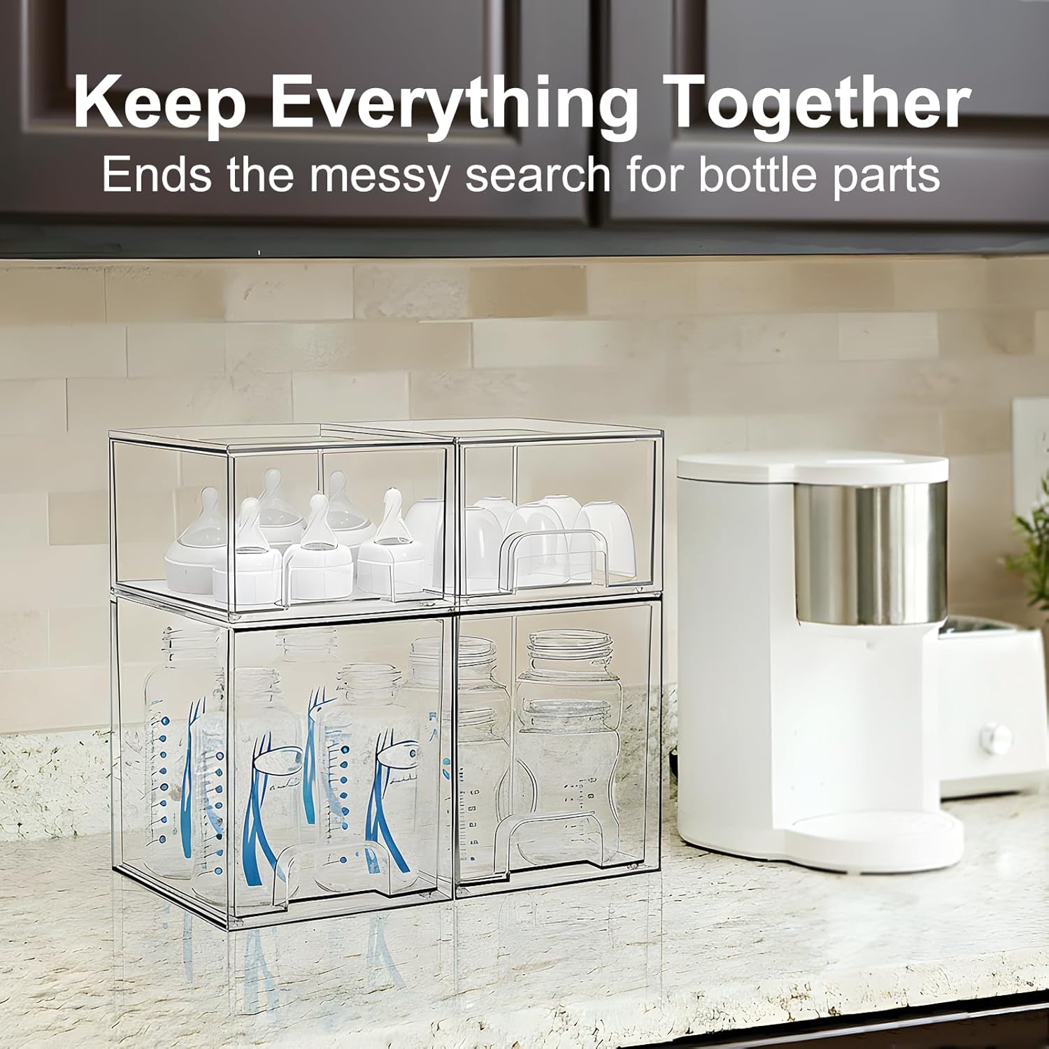 Baby Bottle Storage Organizer: Clear Stackable Storage Drawers, Acrylic Bottles Station Organizer Container for Countertop, Vanity, Bathroom, Cabinet Organization - 4 Pack