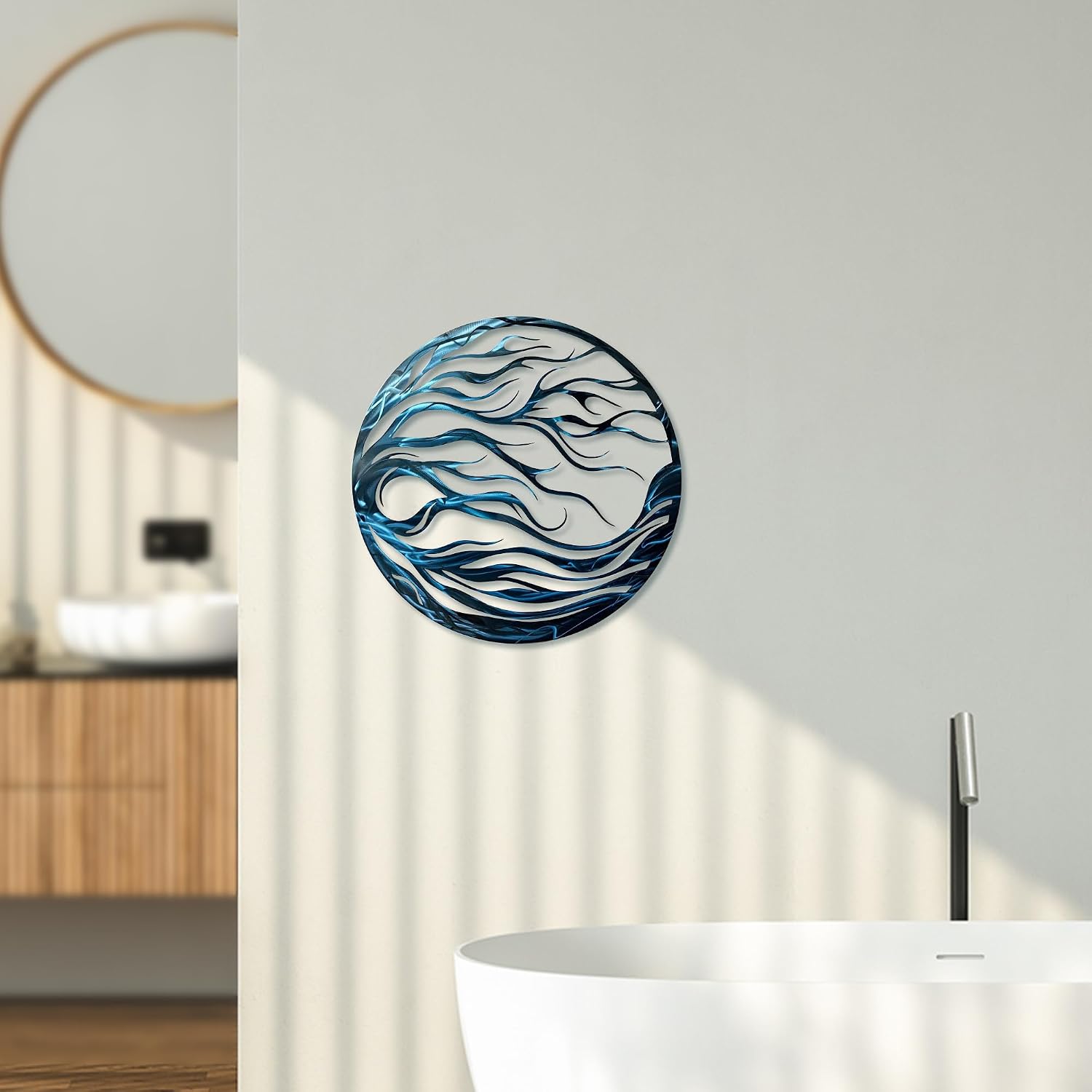 Rajukit Blue Abstract Wave Metal Wall Art, Nautical Decor