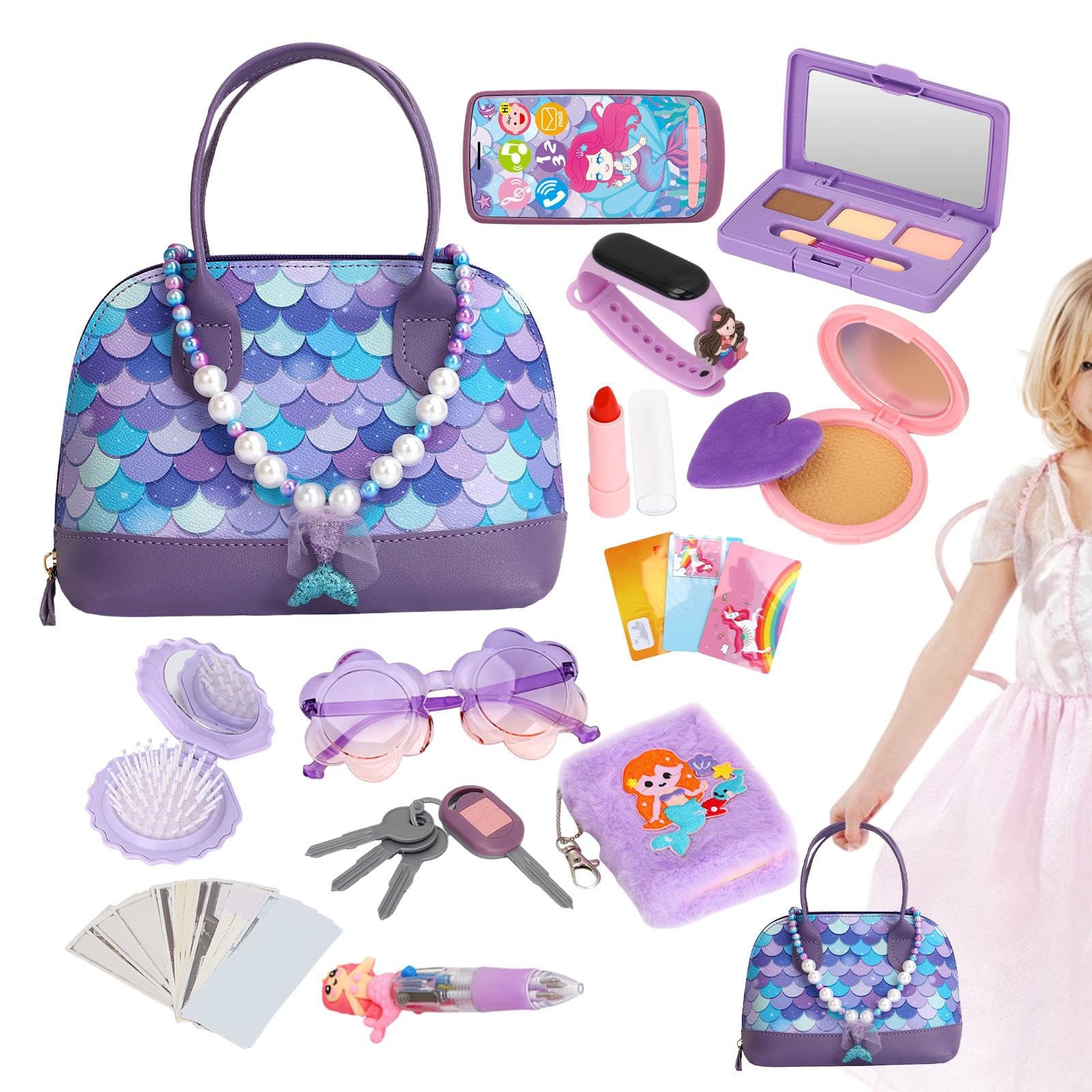 Handbag Set with Pretend Makeup 21.5*11.5*16 Cm | Kids Play Purse | Sensory Playset Interactive Game for Playroom Outdoor School Travel Festival Family Birthday Party Home Girls Aged 3-6