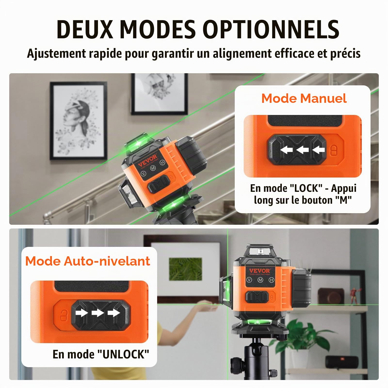 VEVOR Niveau Laser 30 m Niveau Laser 360° x 4 16 Lignes Croisées Verte Mode Autonivelant Manuel Longueur d'Onde Laser 520 nm ± 10 nm Précision de 0,28 cm à 10 m 5 h de Travail en Continu avec Batterie