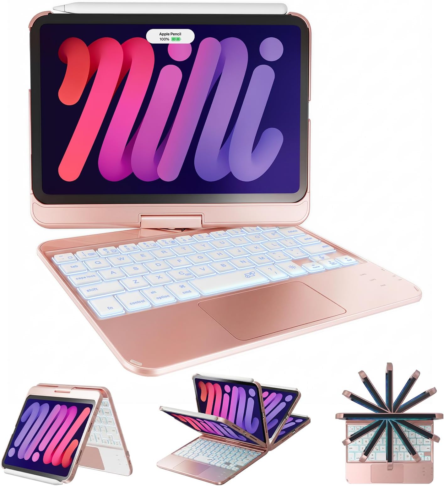 NOKBABO Keyboard Case for iPad mini 7 (A17 Pro 2024) & Mini 6, 360° Rotatable Laptop-Like Cover with Trackpad, Wireless Bluetooth & Rainbow Backlit for iPad mini 7th/6th Generation - Rose Gold
