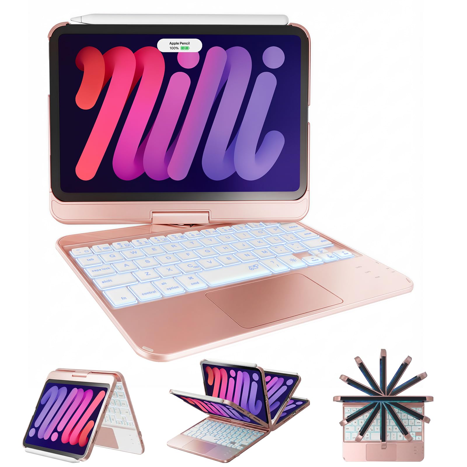 NOKBABO Keyboard Case for iPad mini 7 (A17 Pro 2024) & Mini 6, 360° Rotatable Laptop-Like Cover with Trackpad, Wireless Bluetooth & Rainbow Backlit for iPad mini 7th/6th Generation - Rose Gold