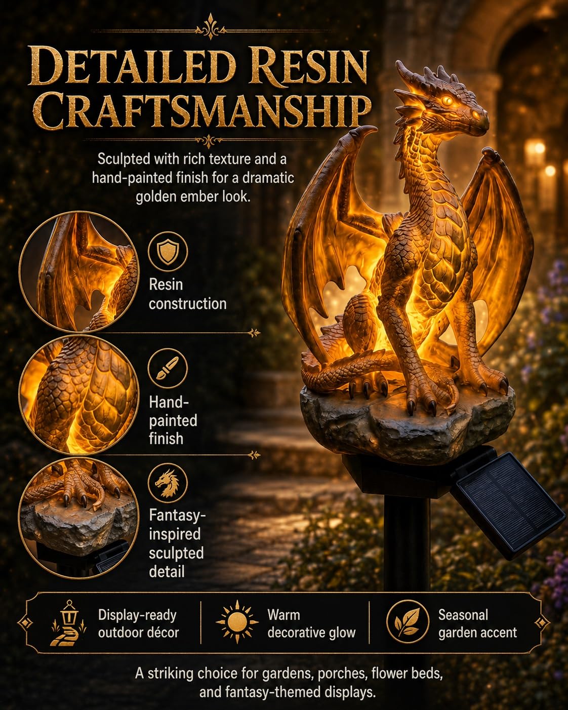 Luci Da Giardino Con Drago Ad Energia Solare, Lampada Per Statuette Da Esterno Con Braci Dorate, Decorazioni Per Statue Da Giardino Di Fantasia Gotica Medievale, Ornamento In Resina