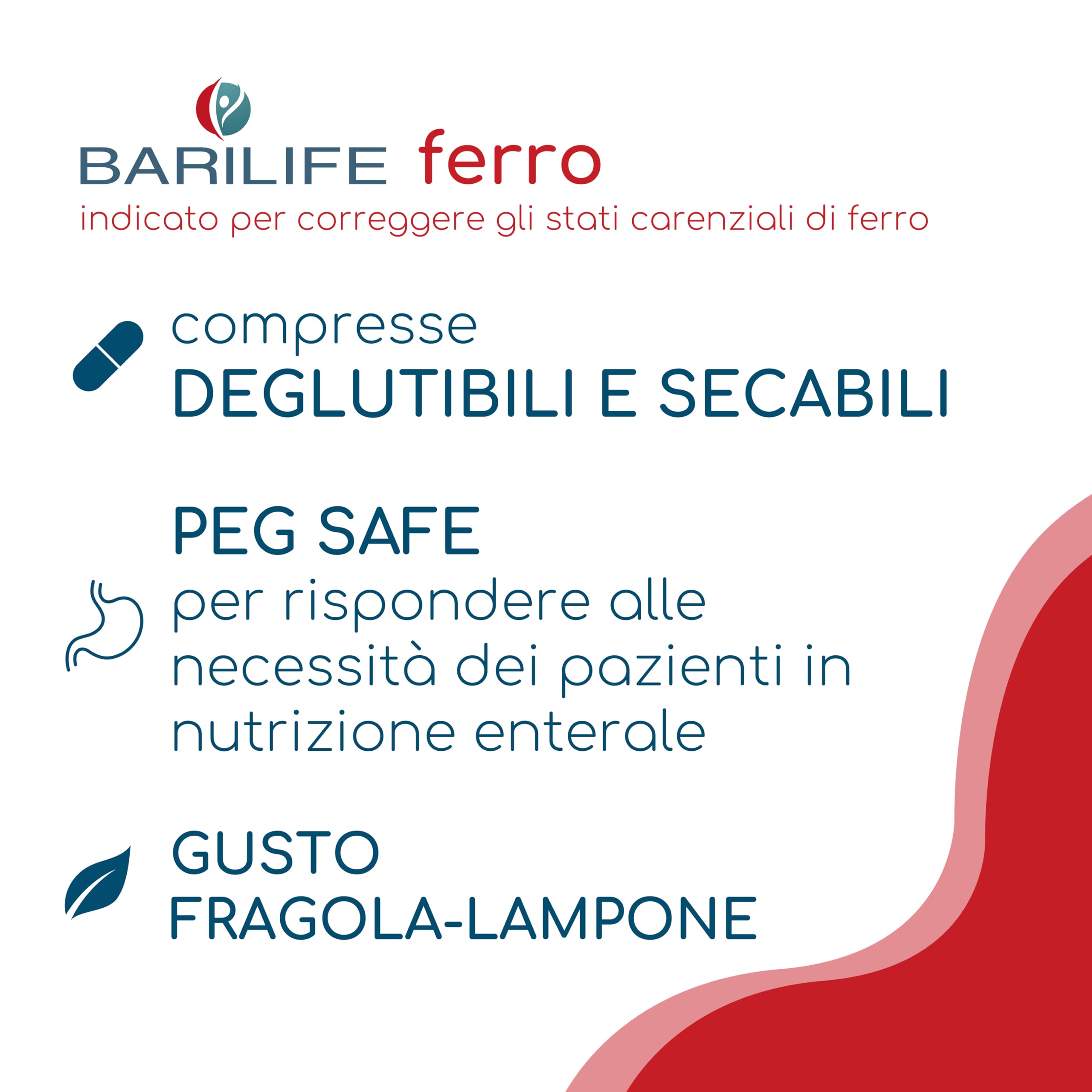 Barilife - Ferro - Integratore di Ferro Microincapsulato con Acido Folico, Vitamina C e Rame - Compresse al Gusto Fragola-Lampone, Senza Glutine e Zuccheri