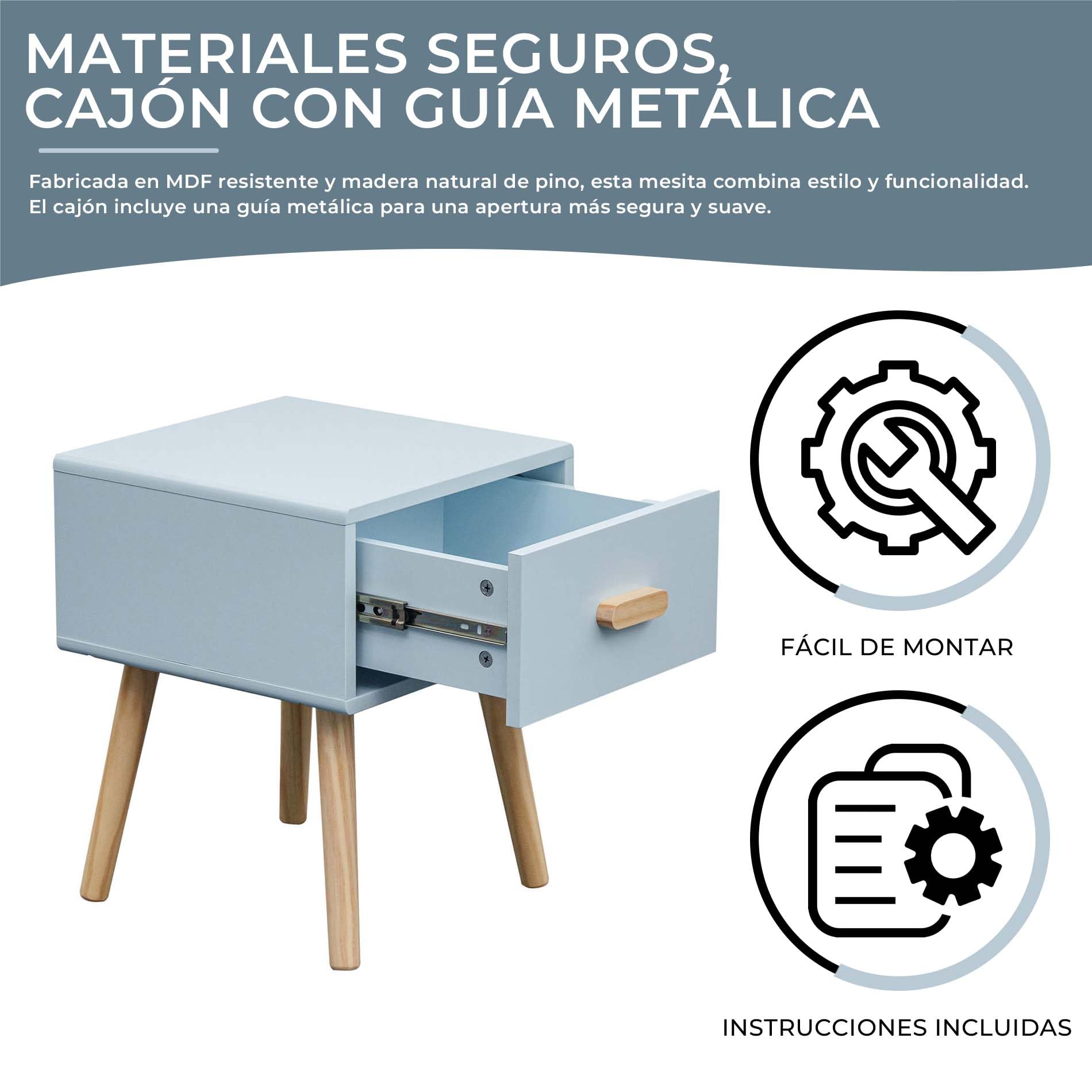 Rebecca Mobili Mesita de Noche para Habitación Infantil, Mesita con 1 Cajón, Celeste Marrón, MDF Pino, para Cama Montessori, Estilo Escandinavo - Dimensiones AxAnxFon: 44 x 35 x 35 cm - Art. RE7142