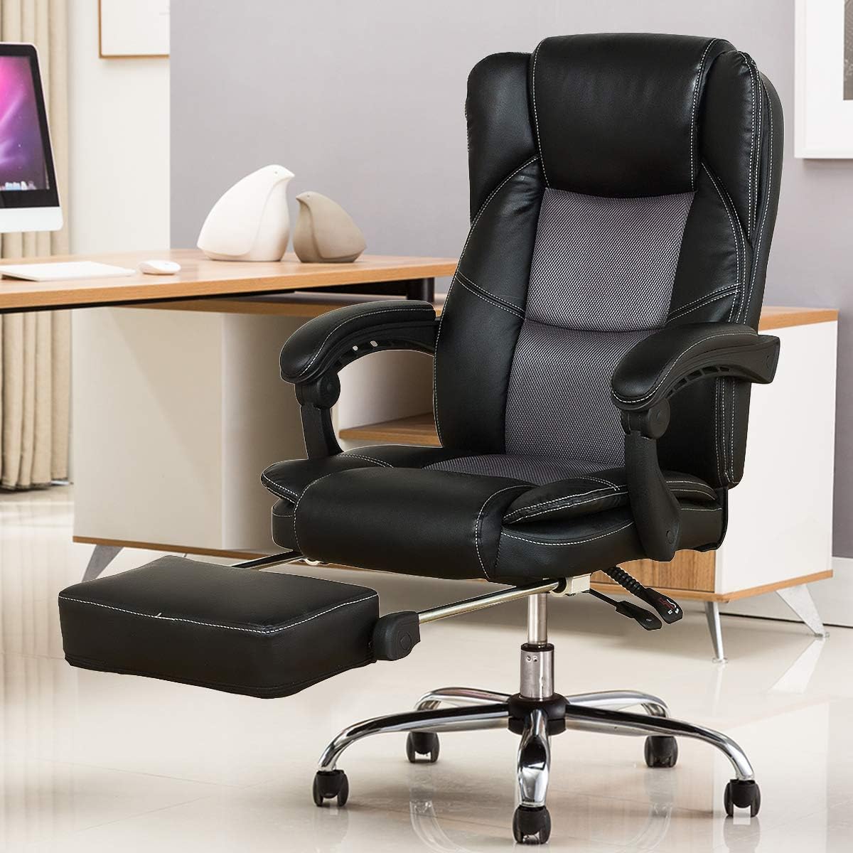 YAMASORO Reclining Office Chair High Back Executive Chair with Adjustable Angle Recline Locking System and Footrest Comfort and Ergonomic Design for Lumbar Support Black