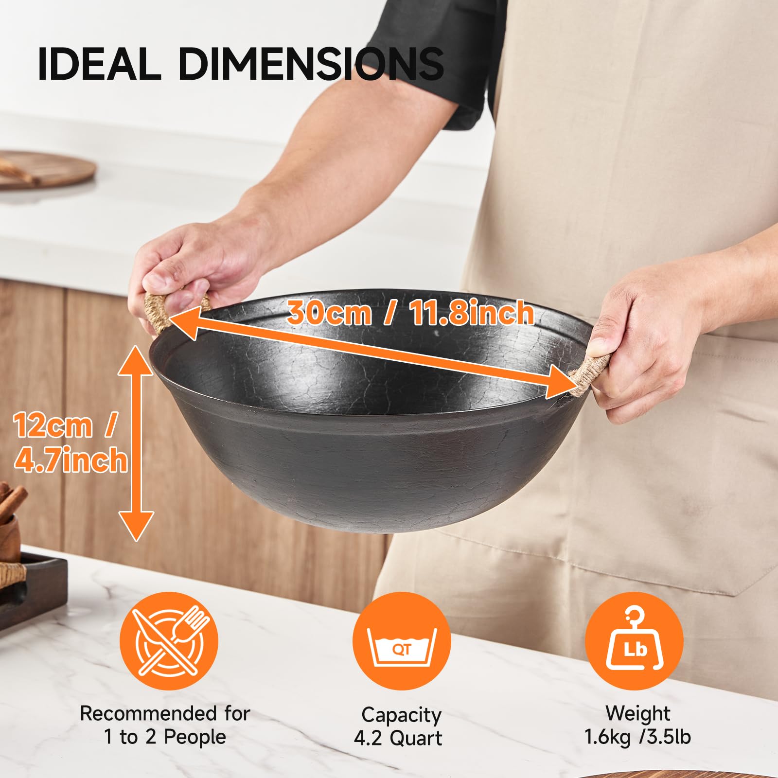 WANGYUANJI Handgefertigter Gusseisen-Wok mit zwei Griffen, kleiner chinesischer Wok mit rundem Boden für 1–2 Portionen, unbeschichtete Bratpfanne für Gasherde und Kochen mit offener Flamme, 30 cm