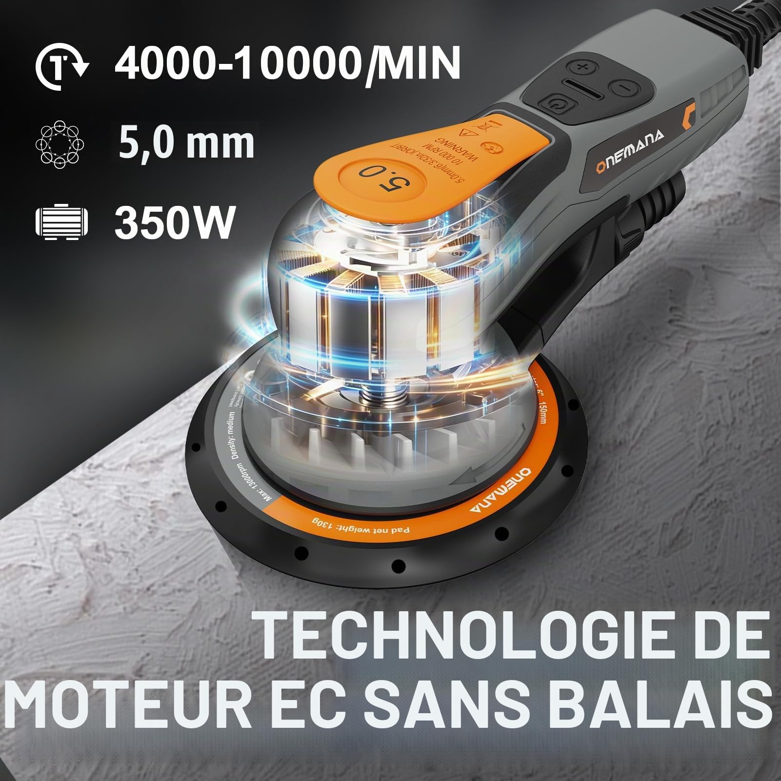 Ponceuse excentrique ONEMANA 150 mm, sans balais, course excentrique 5,0 mm, 350 W, réglage 6 vitesses (4000-10000 tr/min), aspiration de poussière, disque abrasif 150 mm inclus