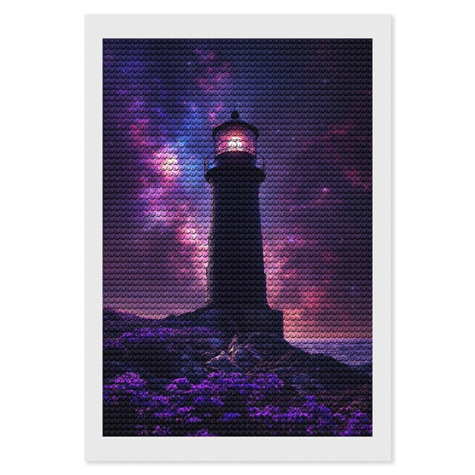 Junmoney Lighthouse Under A Cosmic Sky Round Drill Diamond Painting 8"x12", for Adults, Creative Leisure Activity, Office Decor, Holiday Gift Idea