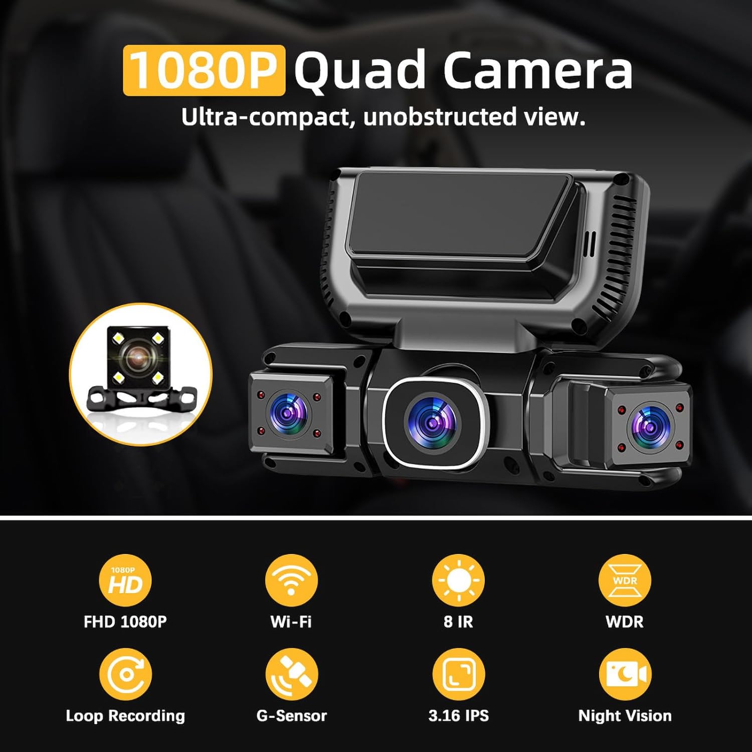 4 Channel Dash Cam Front & Rear for Cars with Radar Motion Detection,1080P FHD Screen Dash Camera Include Free ODBII Hardwire 24/7 Parking Surveillance,360° Camera with WiFi,Loop Record,Night Vision