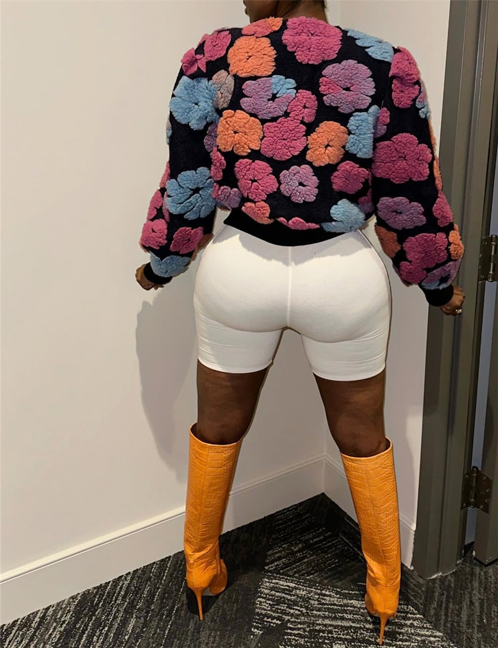 Women's 3D Flower Cropped Bomber Jacket Button Down Varsity Jackets - Image 5