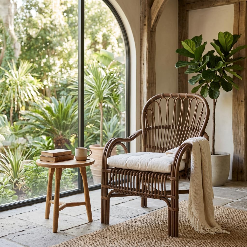 DiKasa Poltrona in Giunco con Cuscino Trapuntato Bianco, Poltrona Rustica Marrone per Interni e Verande Coperte, Seduta Leggera e Resistente, Design Naturale ed Elegante, 57x62x90 cm