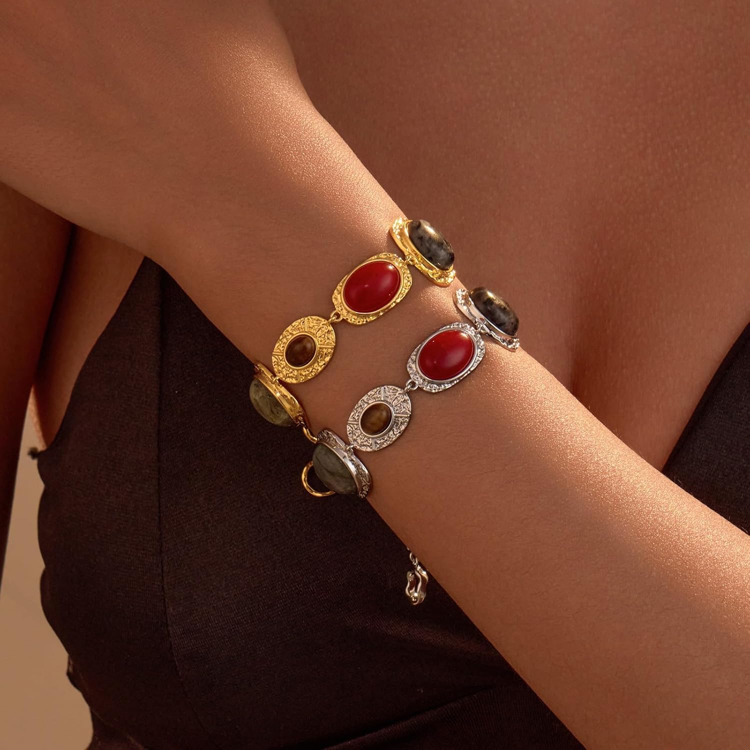 Vintage Gold Plated Bracelet for Women, Multi-Gemstone Hammered Texture Adjustable Clasp, Retro Dainty Jewelry Gift for Her - Image 3