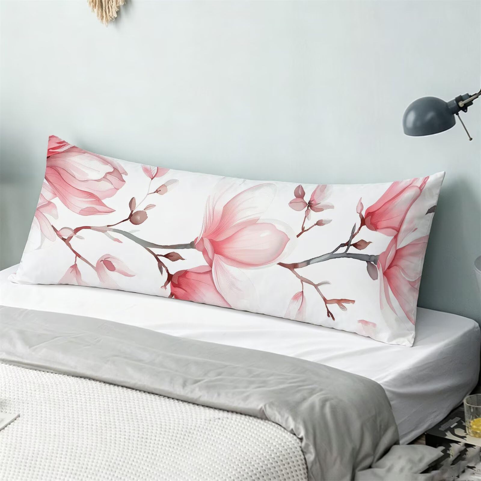 Funda de Almohada 60 x 180 cm Rosa Protector Almohada 180 cm con Cremallera Invisible, Lino Durable y Transpirable Pillow Case Largas Flor Impresión a Doble Cara para Cama, Sofá y Dormitorio dg-558