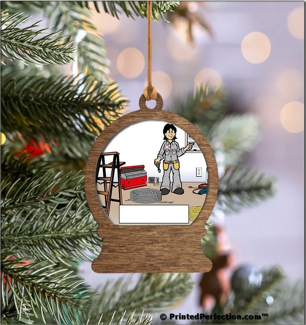 PrintedPerfection.com Personalized Electrician - Female Wooden Snow Globe Shaped Christmas Ornament