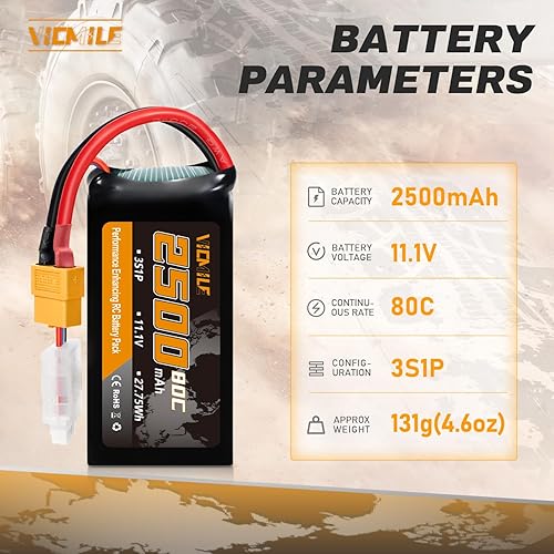 Miniatura 2 de 3S Lipo Batería 2500mAh 11.1V 80C Alta tasa de descarga Shorty Pack Baterías RC con XT60 Plug Fit para RC Avión FPV Quadcopter Helicóptero Drone y