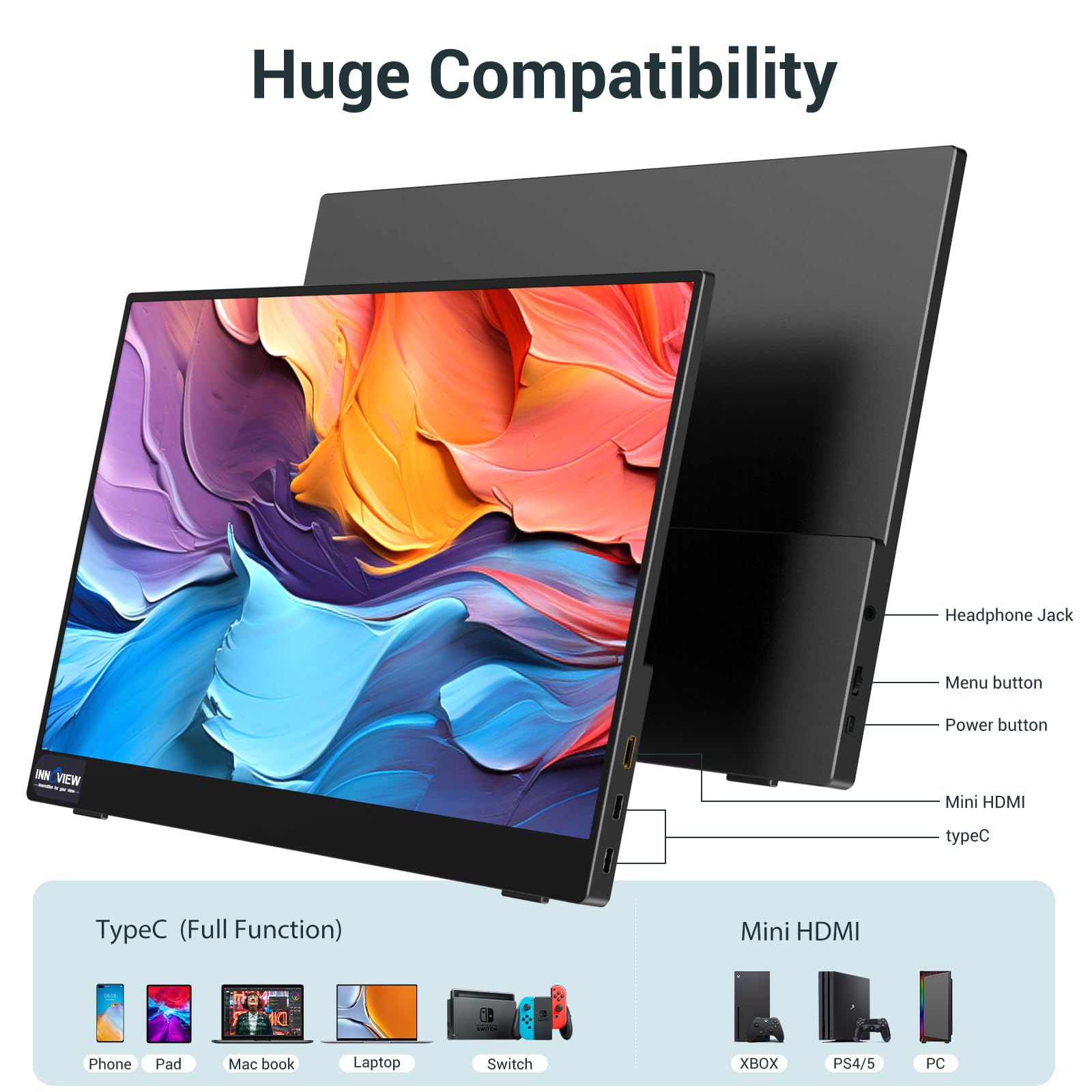 InnoView Portable Monitor, 15.6 Inch FHD 1080P USB C HDMI Second