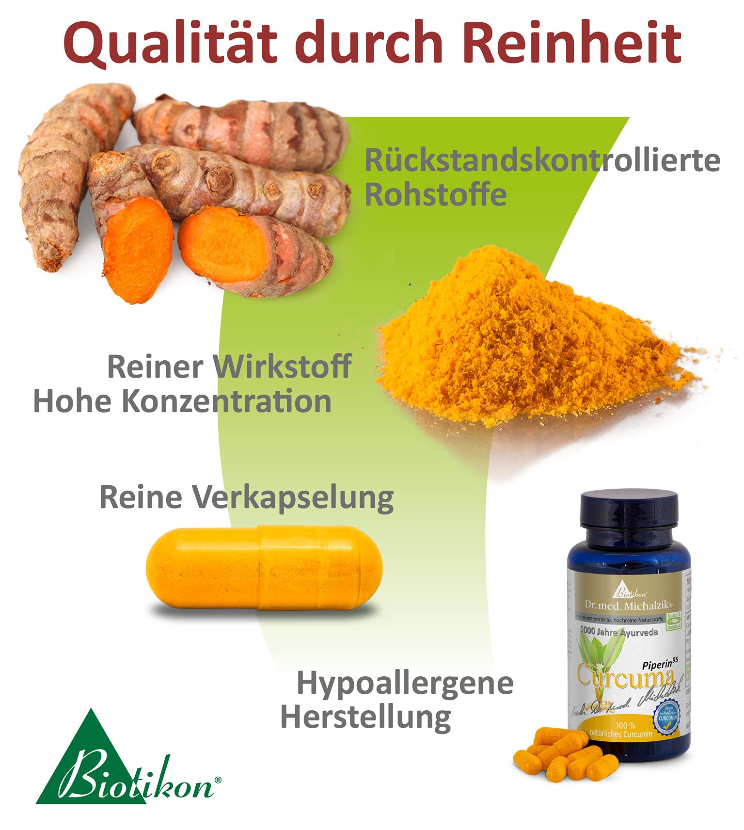 Curcuma Piperin forte Dr. med. Michalzik hoher Curcumin-Gehalt - 527,25 mg Curcuminoide - 10 mg Piperin Extrakt je Kapsel REIN NATÜRLICH nachgewiesen C14 ISOTOPEN ANALYSE - von BIOTIKON®