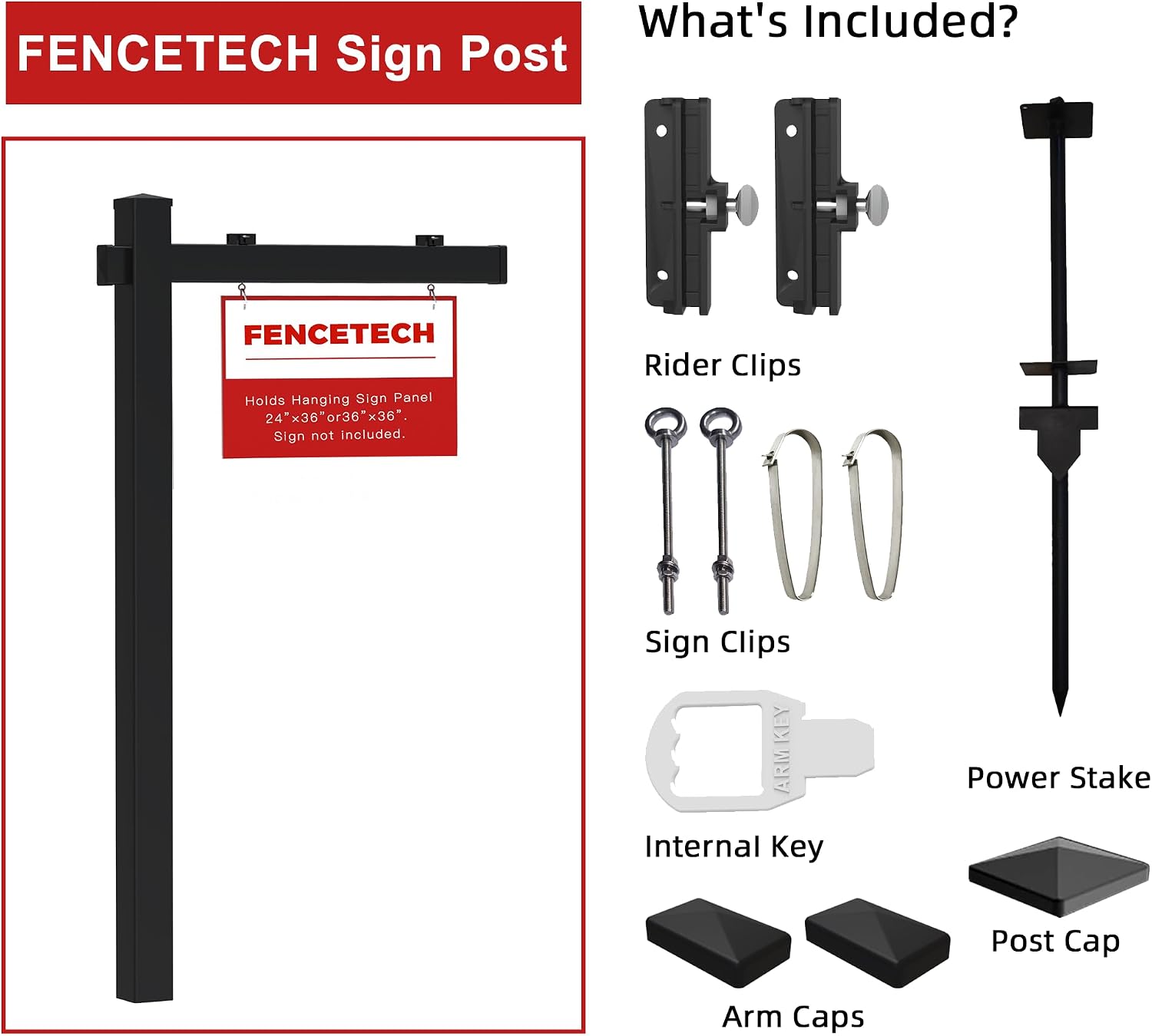 Vinyl PVC Real Estate Sign Post 6' Tall, Realtor Yard Sign Post, 47" Arm Holds Up to 36" Sign - Black - 2-Pack
