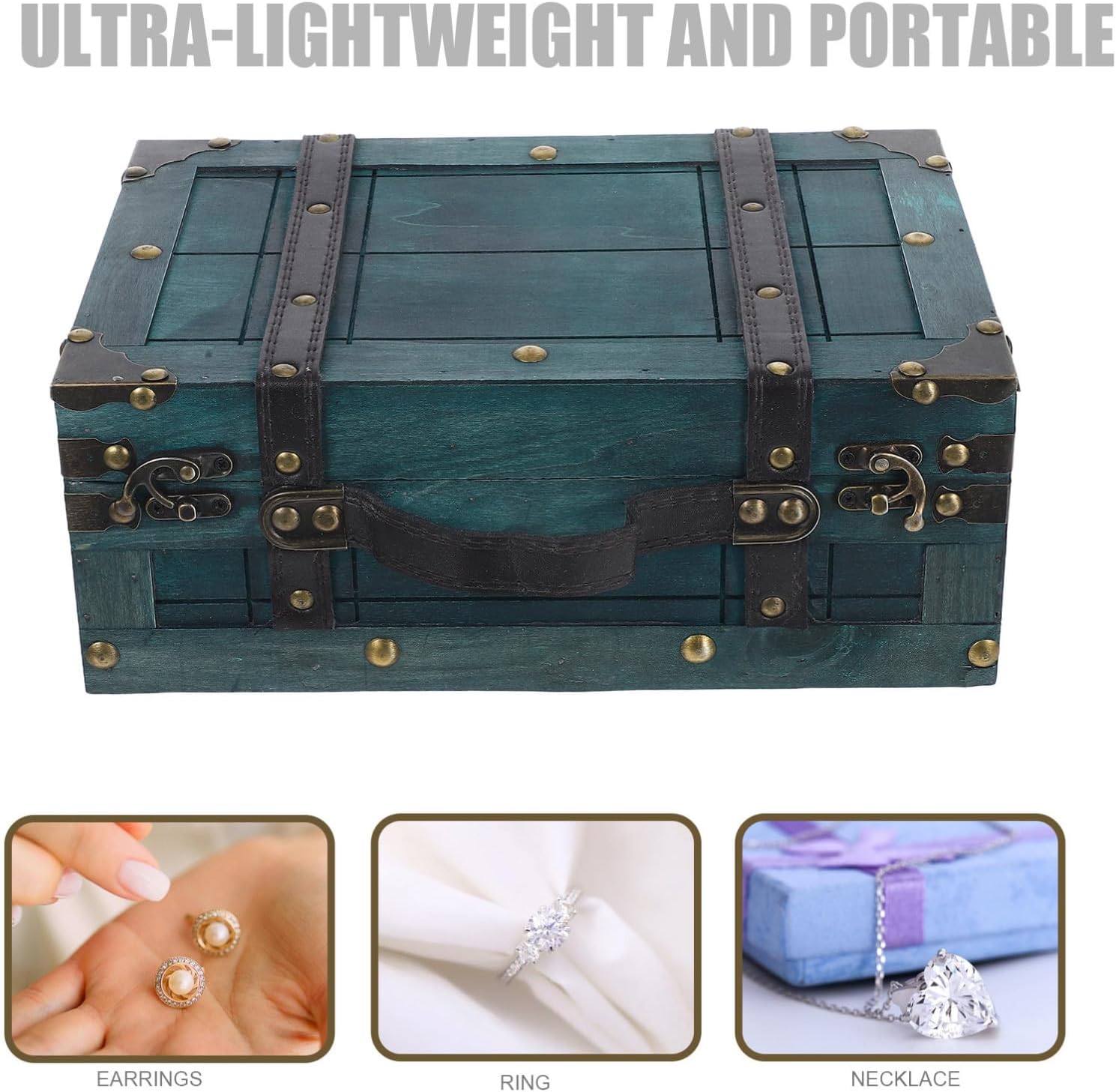 MAGICLULU Vintage Wooden Treasure Chest Box with Handle Retro Jewelry Organizer Suitcase Prop Small Emerald Green Portable Storage for Documents and Keepsakes