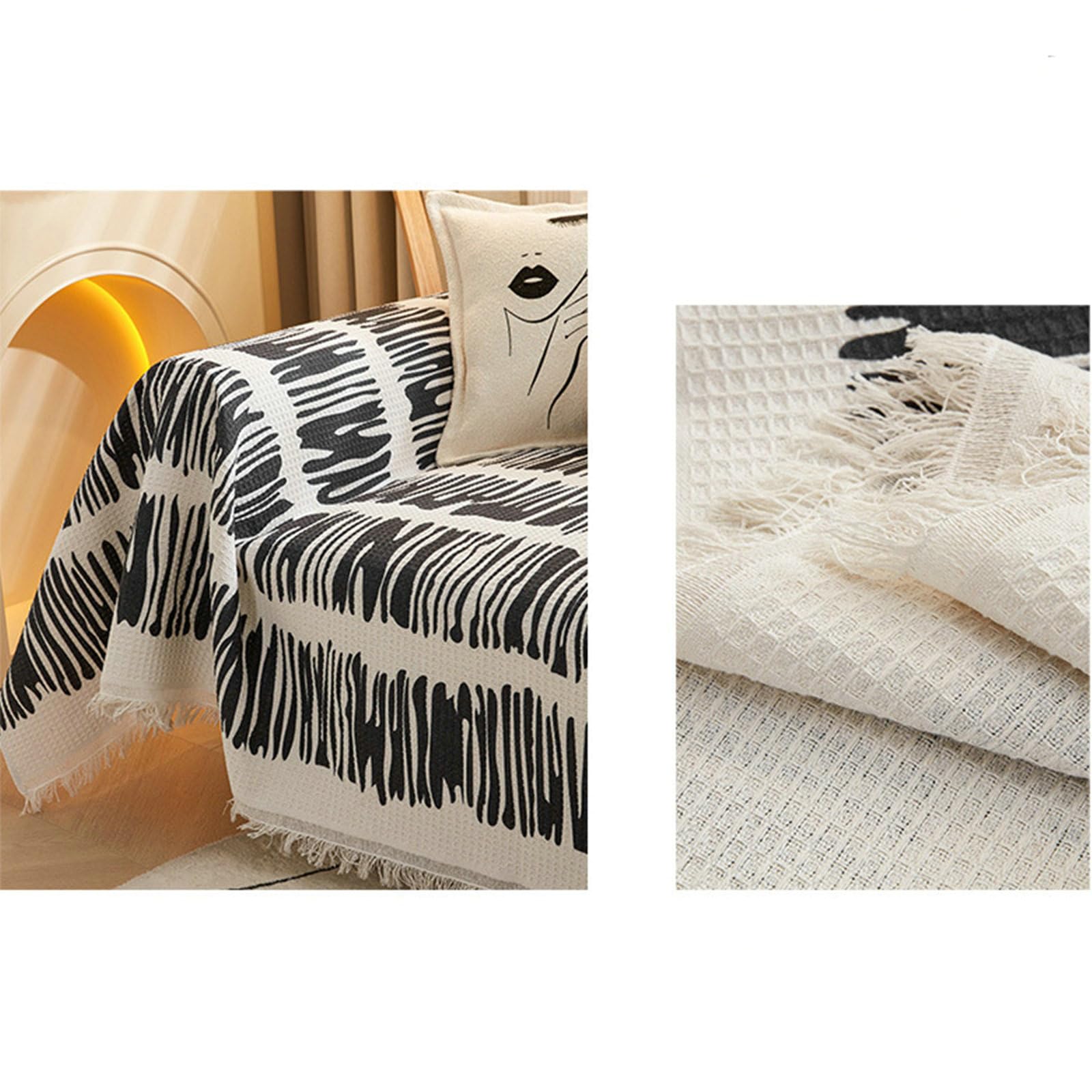 KnSam Housse de Canapé, Plaid Coton Lin, 180x260CM, Noir, Motif Graphique Gaufré, Couverture Décoration Protection, Anti Griffe de Chat Chien, Convient à 2 Places