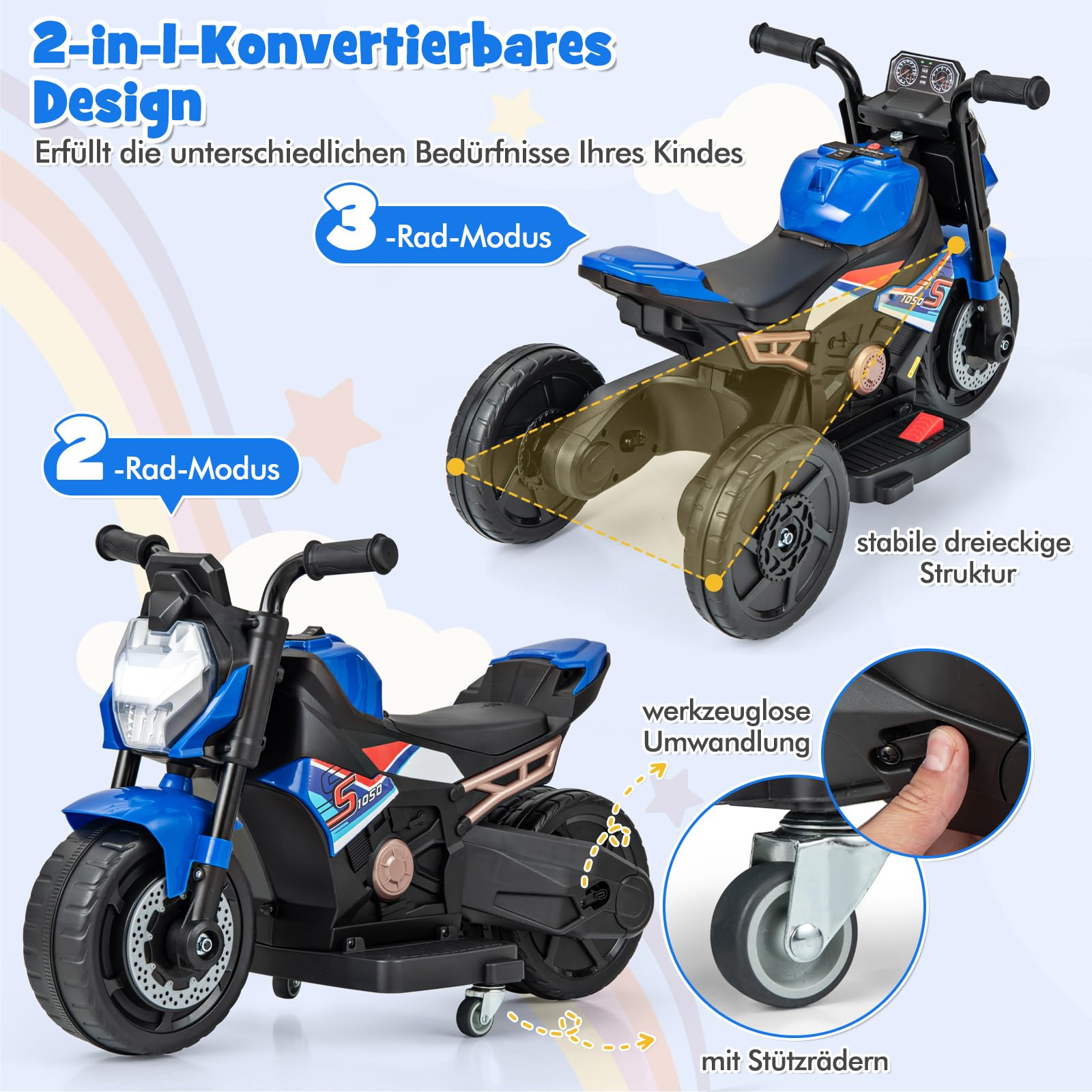 COSTWAY Elektro Motorrad Kinder, Elektromotorrad mit abnehmbaren Stützrädern & Scheinwerfer & Musik & Hupe, 2-3 km/h Motorrad Elektro für Kinder von 18-36 Monaten (Blau)