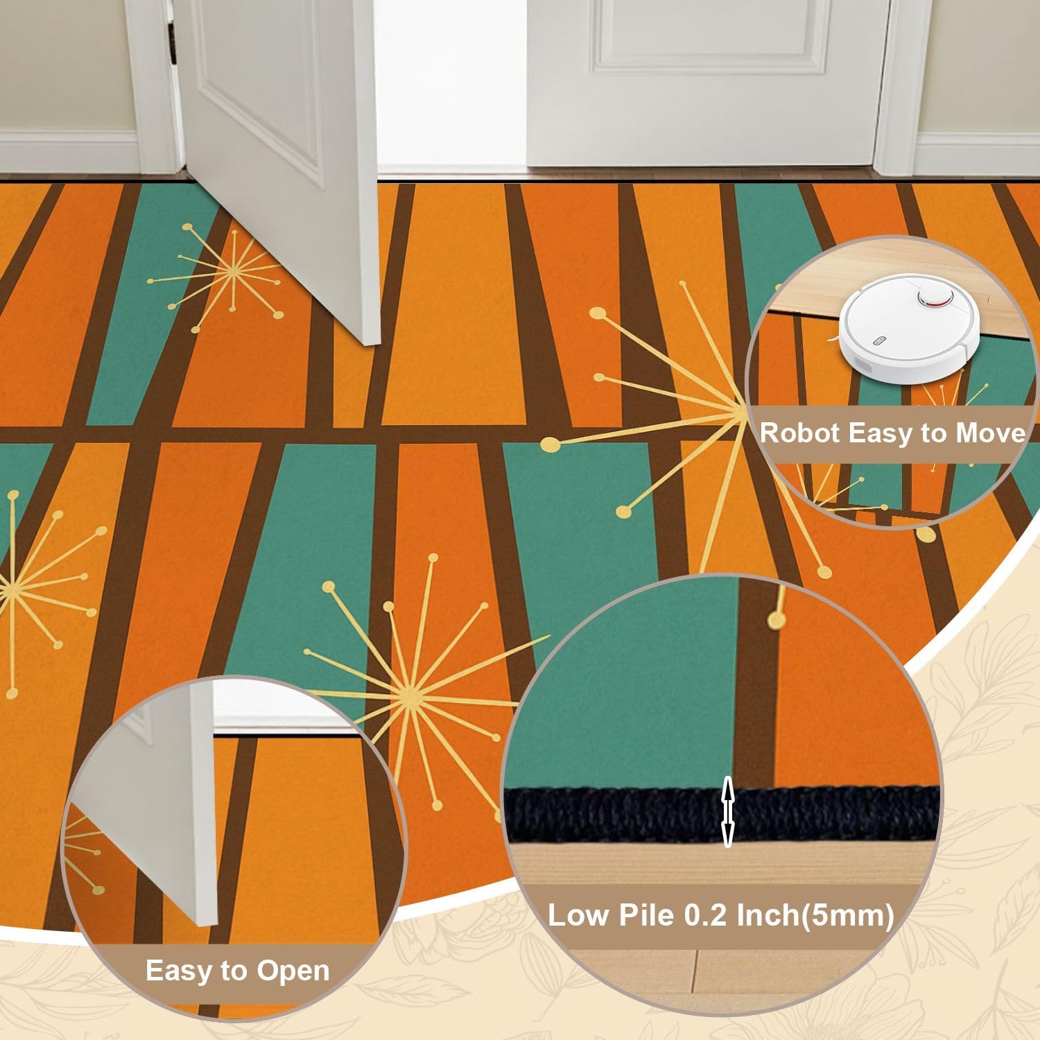 8x10 Area Rugs for Bedroom Boho Washable Rug for Living Room 50s Mid Century Modern Vintage Retro 1950s Mod Fifties Carpet for Dining Room Soft Rubber Backed Non-Slip Carpets for Bedroom Office