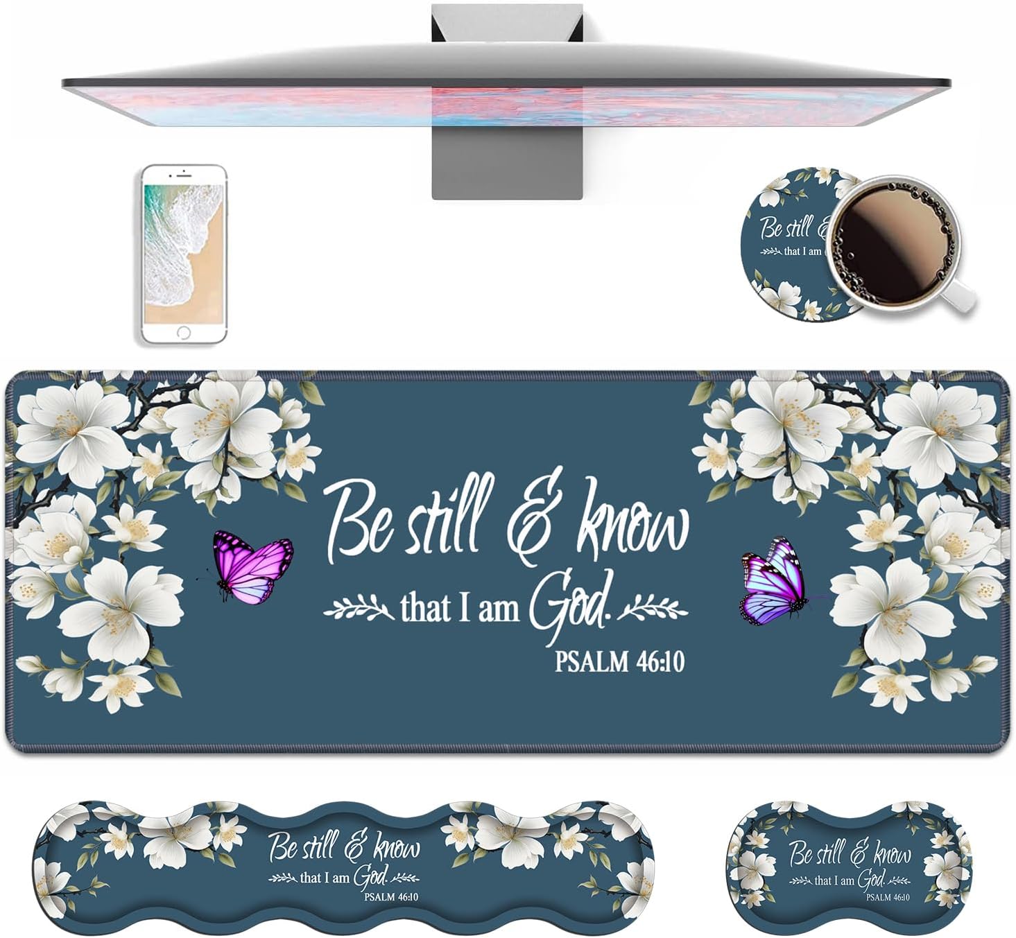 4 in 1 Ergonomic Keyboard Wrist Rest & Mouse Pad Wrist Rest Set,Large XXL Gaming Desk Mat 31.5"x 11.8" with Non-Slip Base,Memory Foam for Home Office Study Gaming,Floral Quote Bible Verse Psalm 46:10