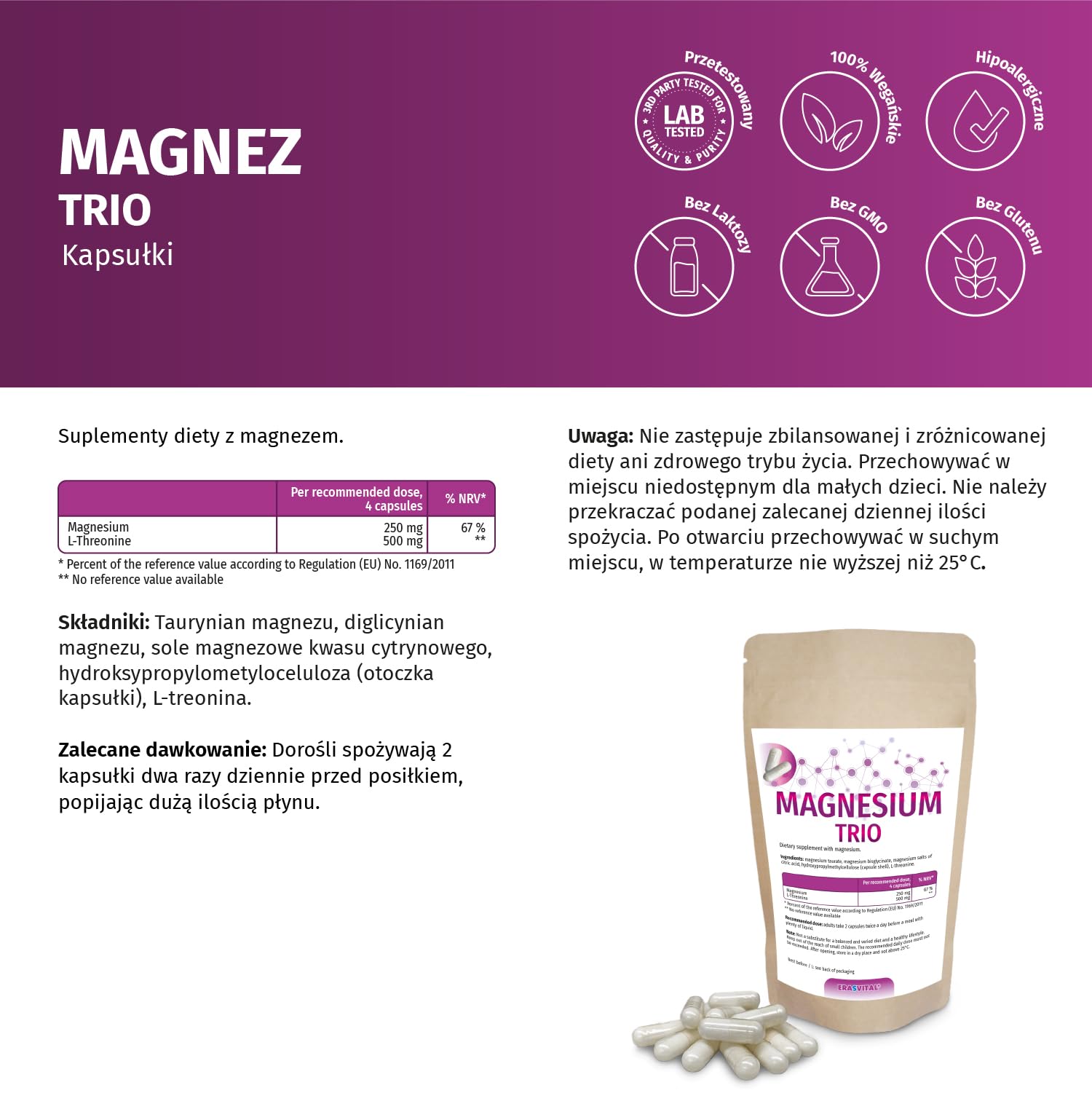 Magnesio Trio 360 cápsulas con taurato de magnesio, bisglicinato de magnesio, citral de magnesio y L-treonina, ideal para un público interesado en la salud mental.
