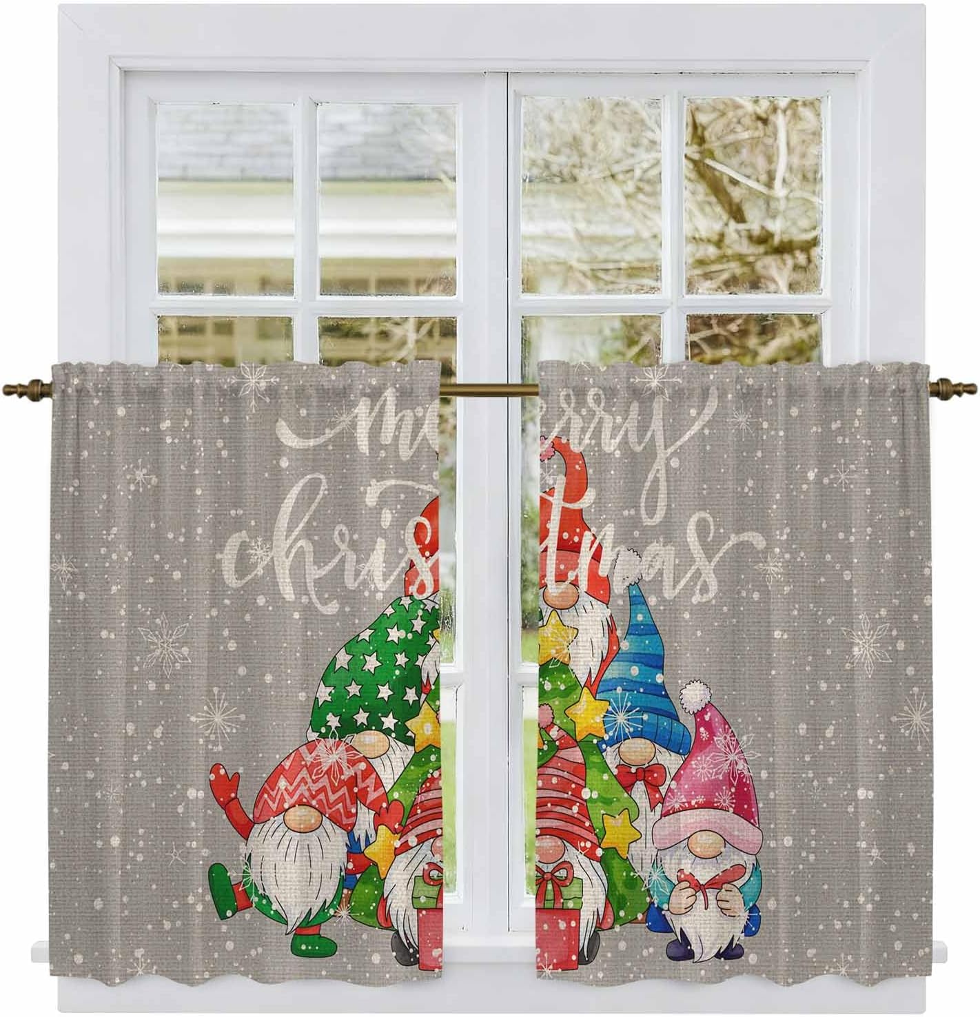 Christmas Grey Kitchen Tier Curtains 45 Inch Long 2 Panel Set,Rod Pocket Short Window Treatment,Vintage Gnomes Snowflakes Pine Tree Curtains & Drapes for Bathroom Basement 27.5"W x 45"L