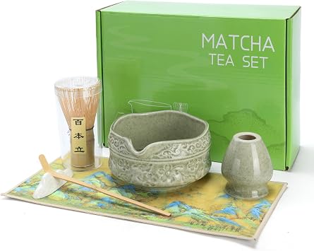 7Pcs Matcha Whisk Set, Ceramic Matcha Bowl with Spout, Bamboo Whisk and Holder,Bamboo Scoop,Scoop Rest,Sifter,Tea Towel,Matcha Kit with Cherry Blossom Carved Patterns Sakura Green