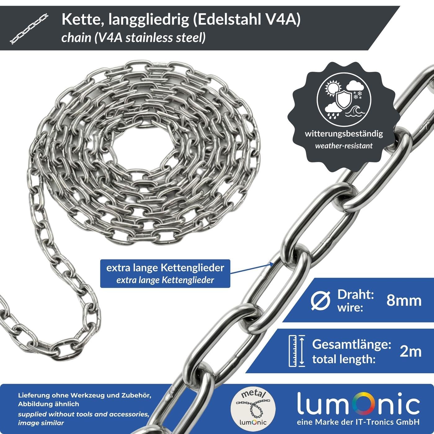 Lumonic 2m Cadena V4A acero inoxidable | 8mm | De extremidades largas | Inoxidable + resistente al agua de mar | Cadena de lluvia, cesta colgante, cadena de barrera