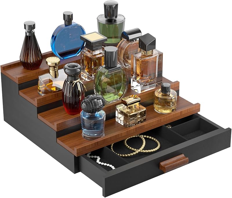Organizador de perfumes TIRYIUOU em madeira com 4 níveis, gaveta e compartimento interno, Preto+nogueira