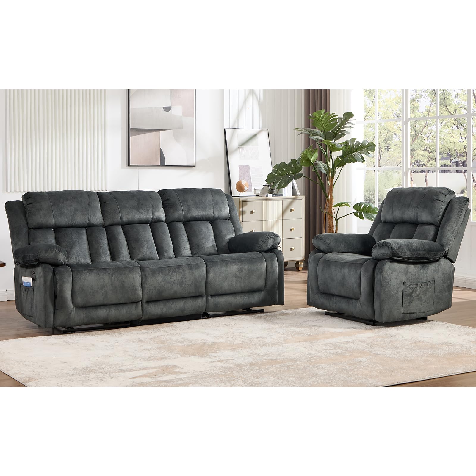 Manual Recliner Set Overstuffed Chair Wall-Hugger 3-Seat Loveseat Sofa Grey 1+3 image 1
