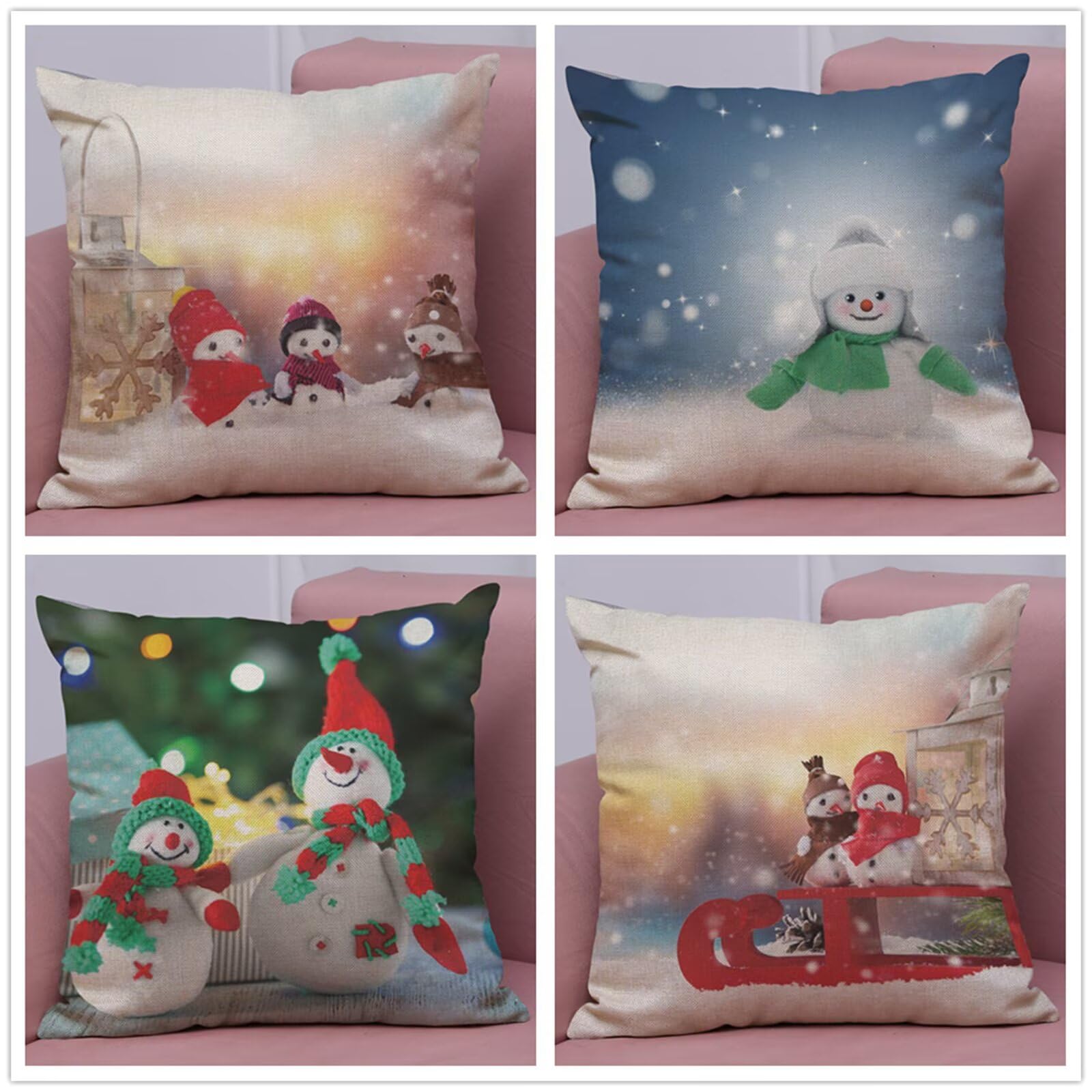 Fundas Cojines 55x55cm,Juego de 4 Fundas de Cojines Decorativos de Lino,cojineo para Sofá con Cremallera Invisible para Patio, jardín,Dormitorio,Silla Cama (Lindo muñeco de Nieve navideño)