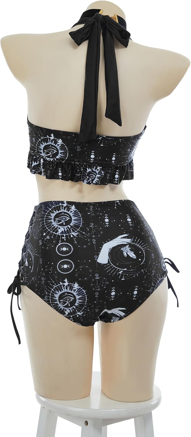 MEOWCOS Goth Bikini Swimsuit Witch Bathing Suit Dark Style Star Moon Gothic Swimsuit
