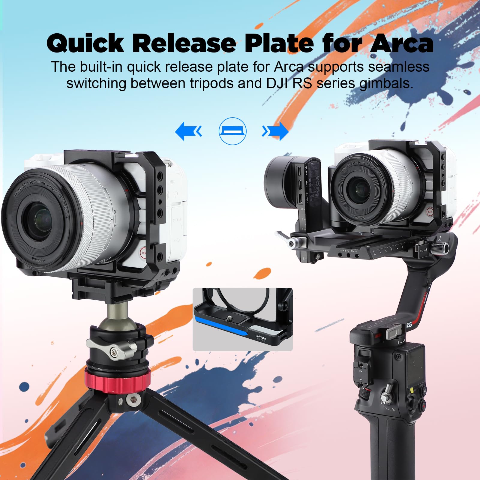 Leftfoto R50 V Gabbia per fotocamera Canon R50V con impugnatura - Telaio di protezione per fotocamera con base Arca Compatibilità con stabilizzatore DJI RS - per riprese video Vlog