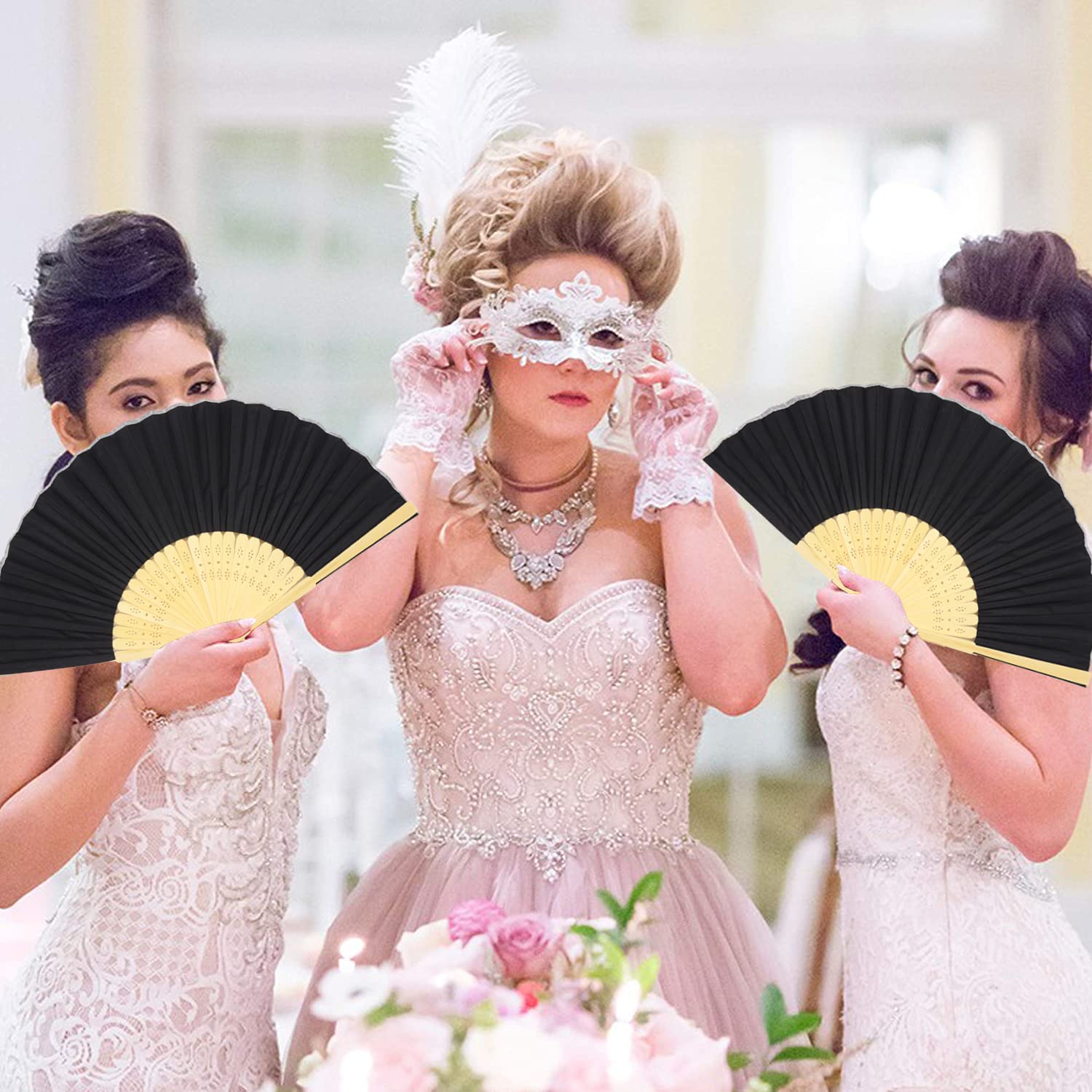 Lysa® Folding Fan White Silk Bamboo Handheld Folded Fan-12pcs, Bridal Dancing Props Church Wedding Gift Party Favors Home Office DIY Decoration (Black)